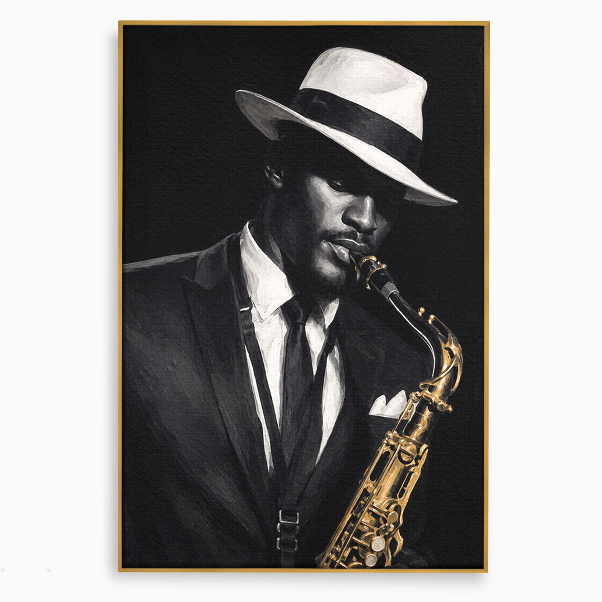 Tablou Canvas Premium LuxCanva® R1042, Saxofonist Elegant, Saxofonist, Muzica, Jazz, Portret, Stil, Living, Birou, Culori Vibrante