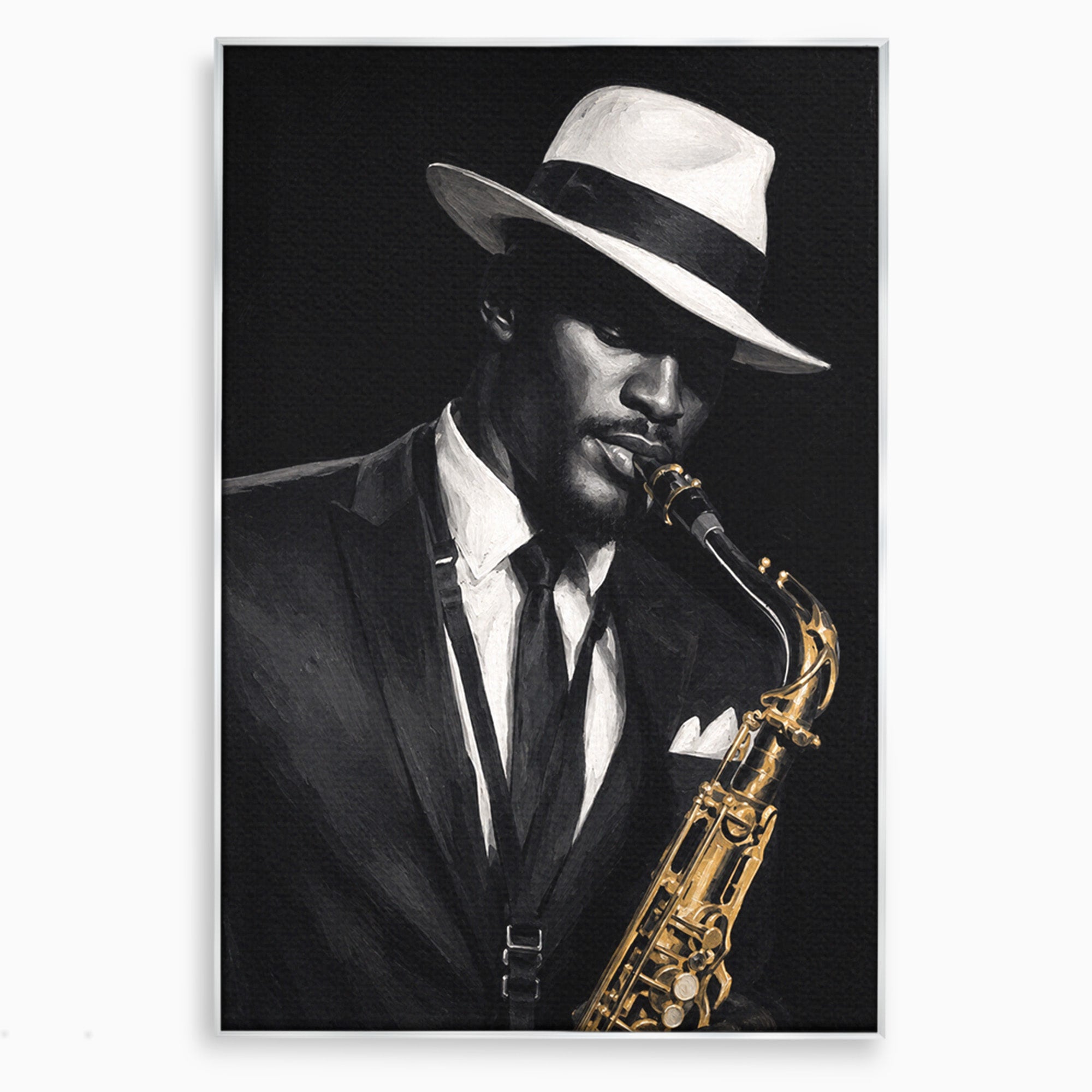 Tablou Canvas Premium LuxCanva® R1042, Saxofonist Elegant, Saxofonist, Muzica, Jazz, Portret, Stil, Living, Birou, Culori Vibrante
