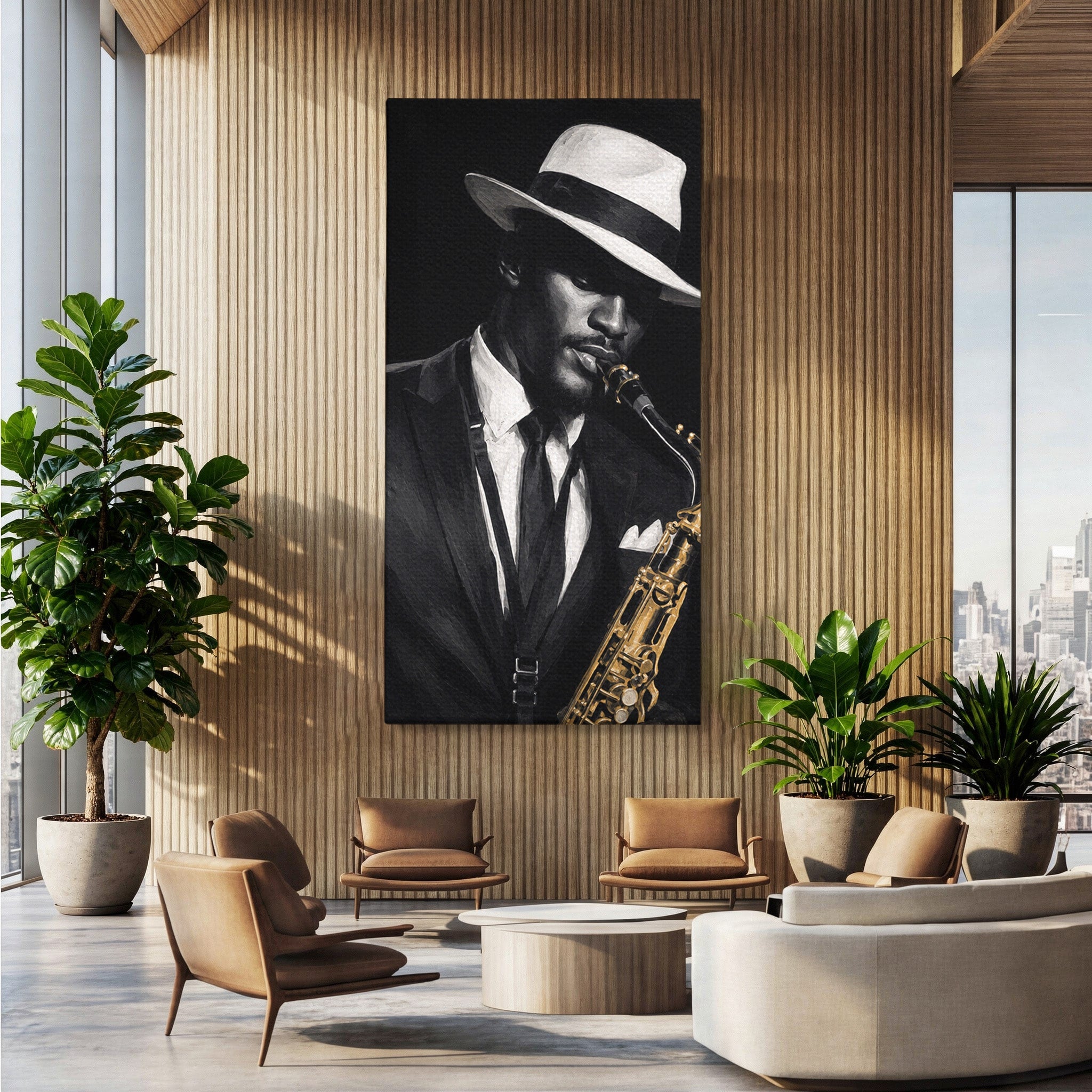 Tablou Canvas Premium LuxCanva® R1042, Saxofonist Elegant, Saxofonist, Muzica, Jazz, Portret, Stil, Living, Birou, Culori Vibrante