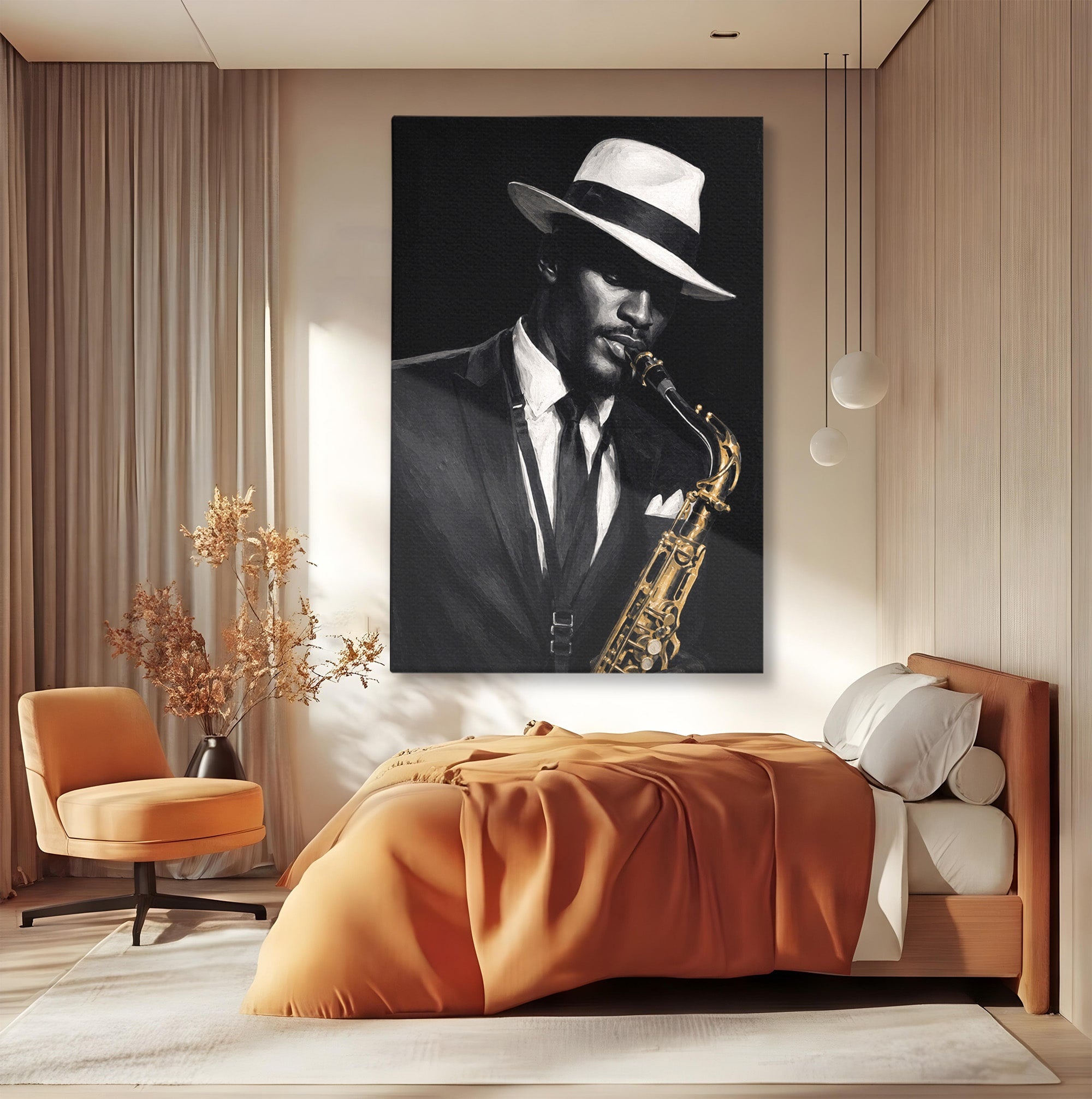 Tablou Canvas Premium LuxCanva® R1042, Saxofonist Elegant, Saxofonist, Muzica, Jazz, Portret, Stil, Living, Birou, Culori Vibrante