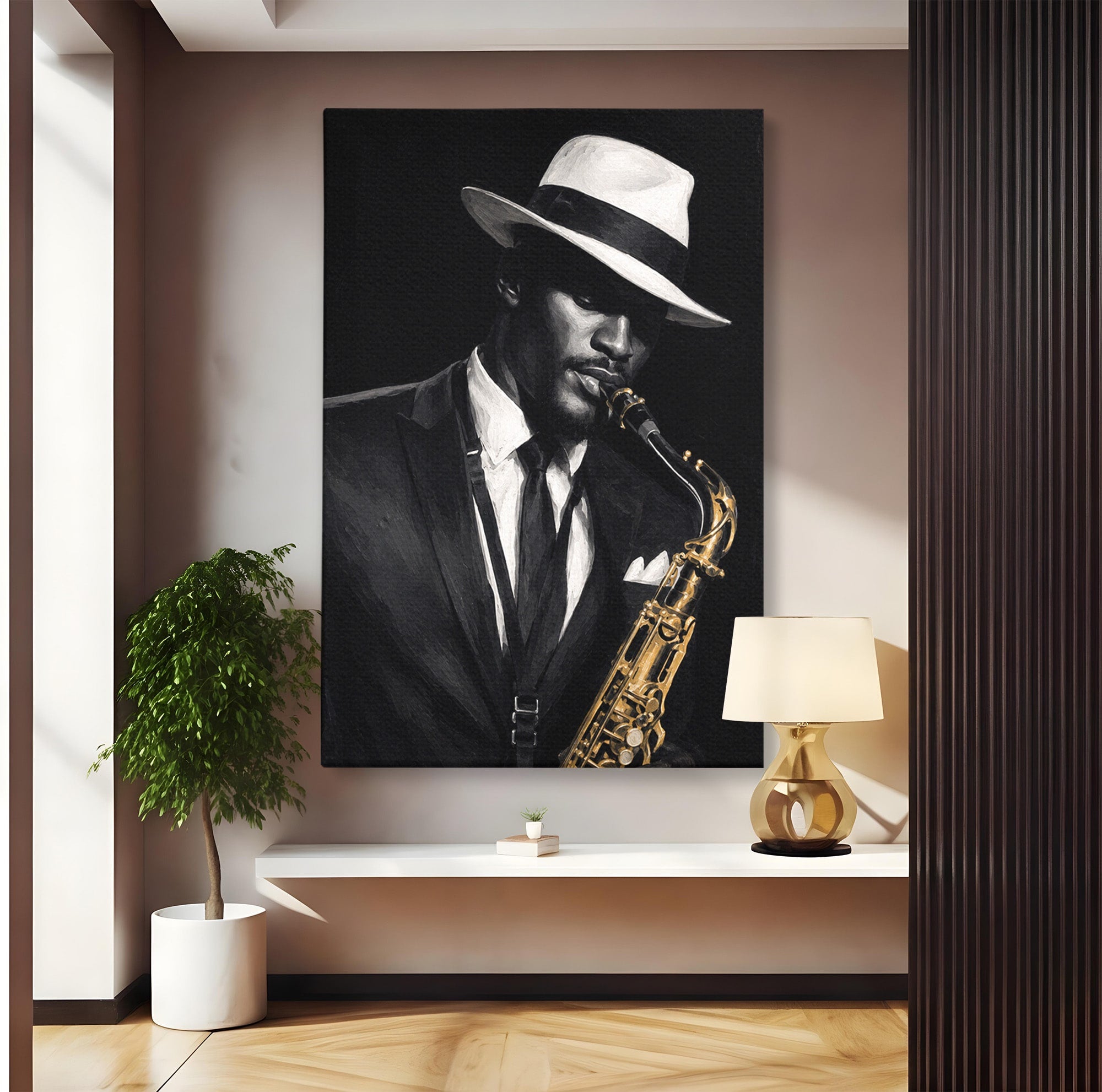 Tablou Canvas Premium LuxCanva® R1042, Saxofonist Elegant, Saxofonist, Muzica, Jazz, Portret, Stil, Living, Birou, Culori Vibrante