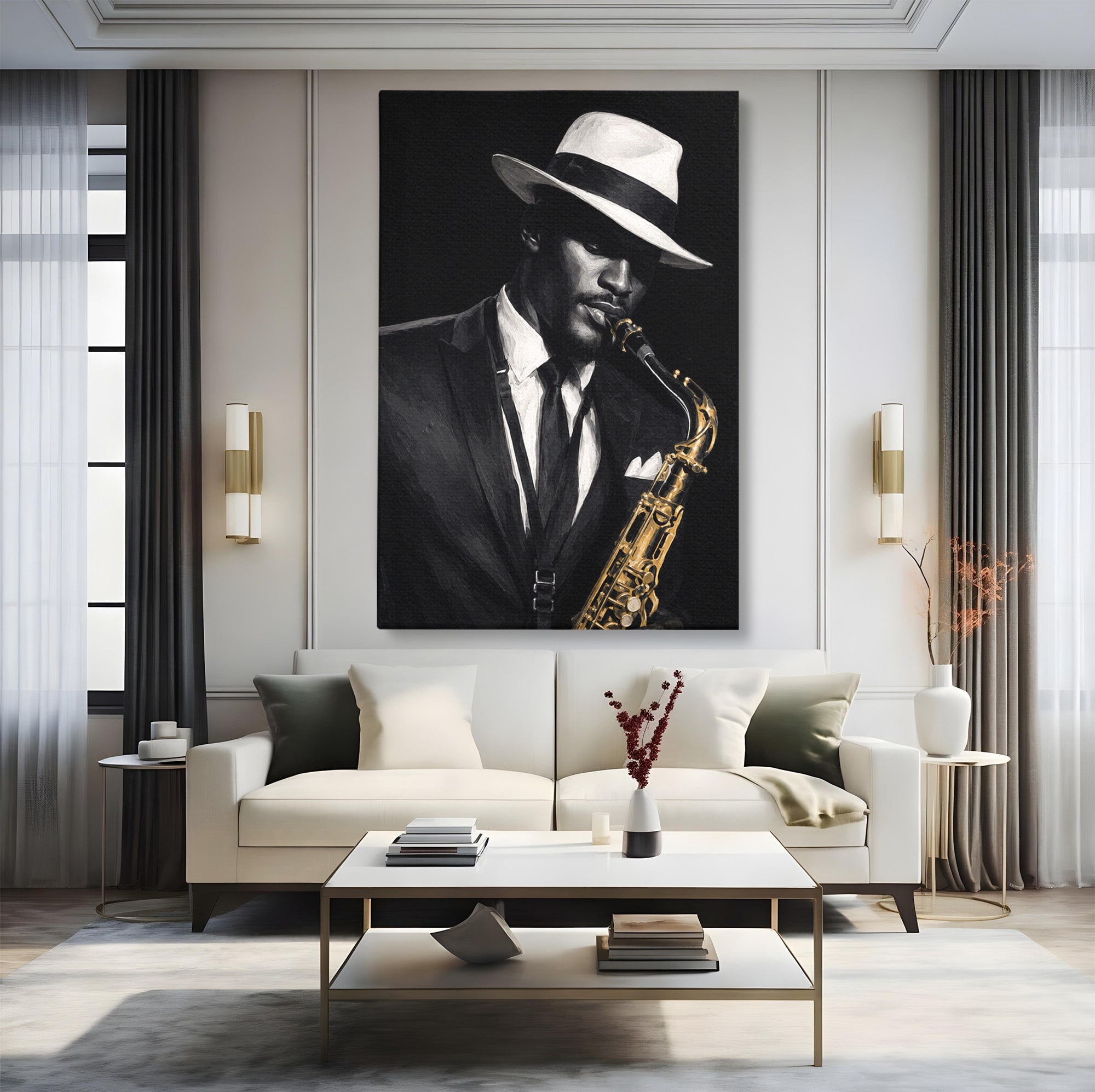 Tablou Canvas Premium LuxCanva® R1042, Saxofonist Elegant, Saxofonist, Muzica, Jazz, Portret, Stil, Living, Birou, Culori Vibrante