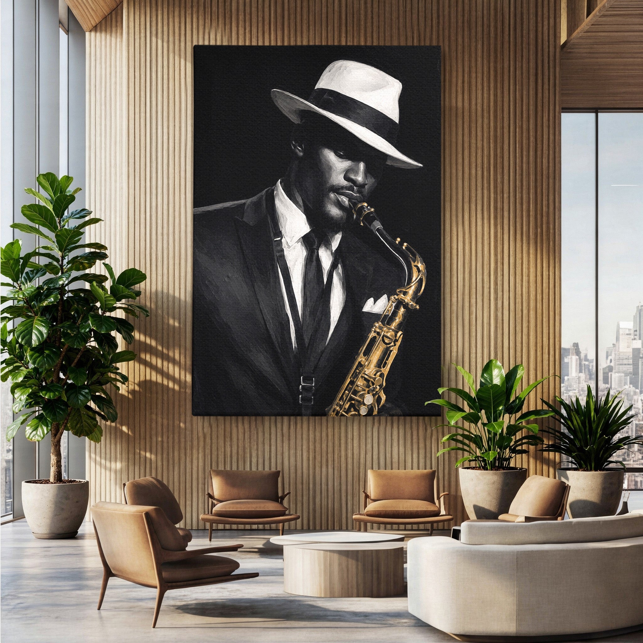 Tablou Canvas Premium LuxCanva® R1042, Saxofonist Elegant, Saxofonist, Muzica, Jazz, Portret, Stil, Living, Birou, Culori Vibrante