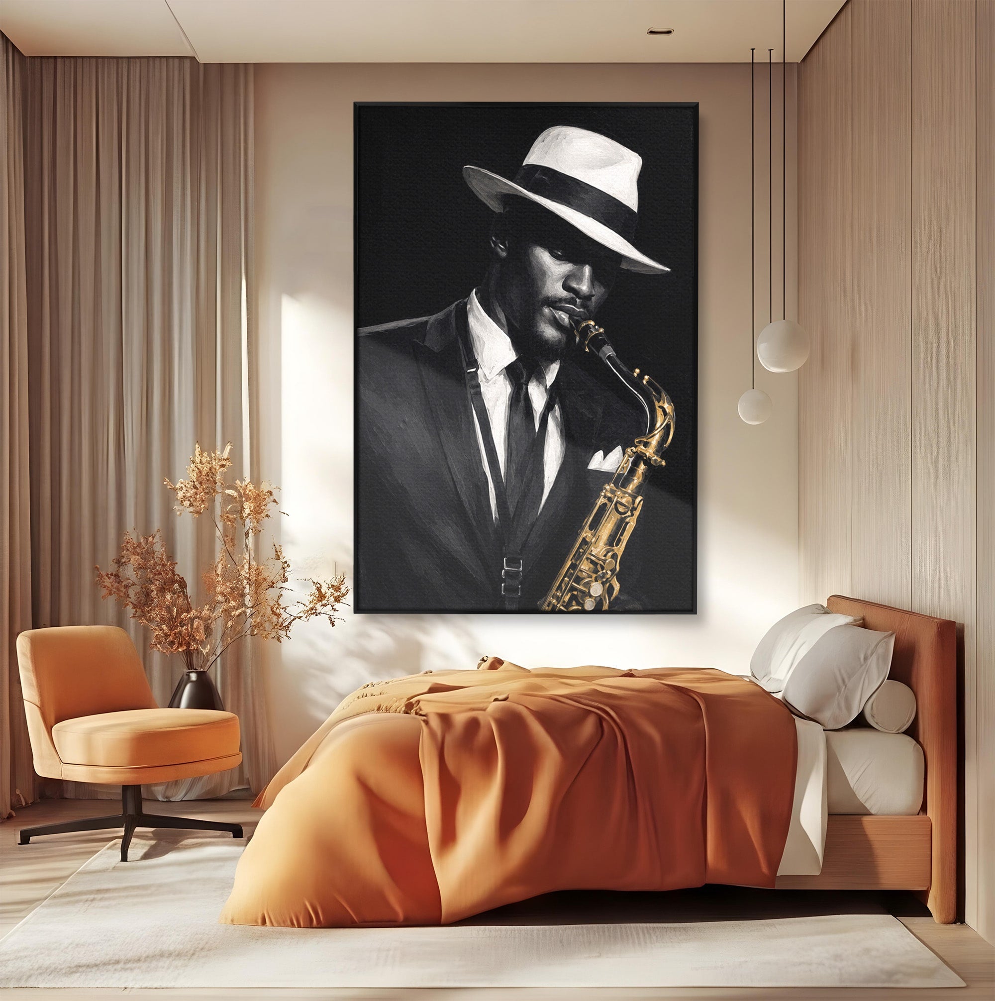 Tablou Canvas Premium LuxCanva® R1042, Saxofonist Elegant, Saxofonist, Muzica, Jazz, Portret, Stil, Living, Birou, Culori Vibrante