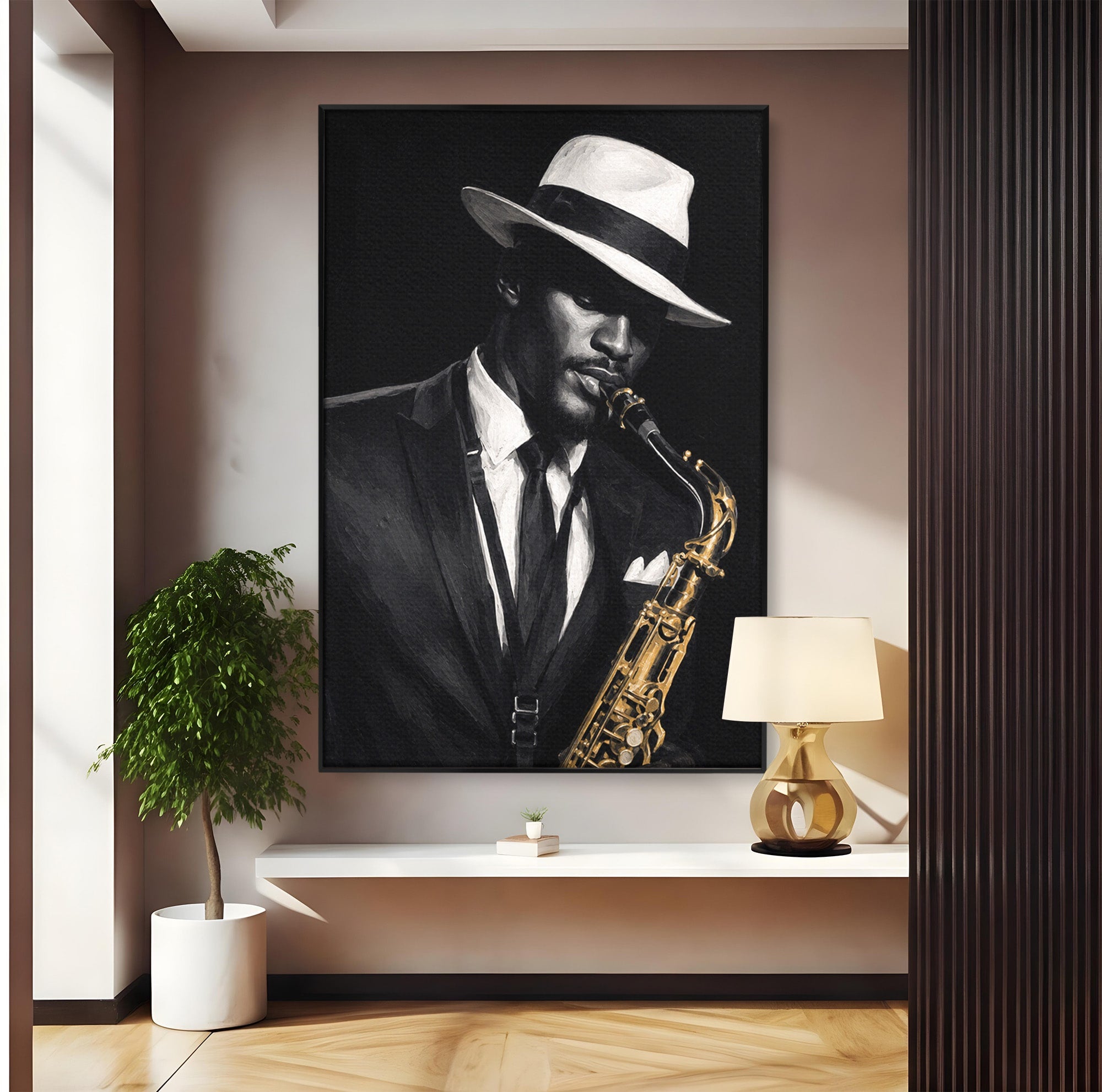 Tablou Canvas Premium LuxCanva® R1042, Saxofonist Elegant, Saxofonist, Muzica, Jazz, Portret, Stil, Living, Birou, Culori Vibrante