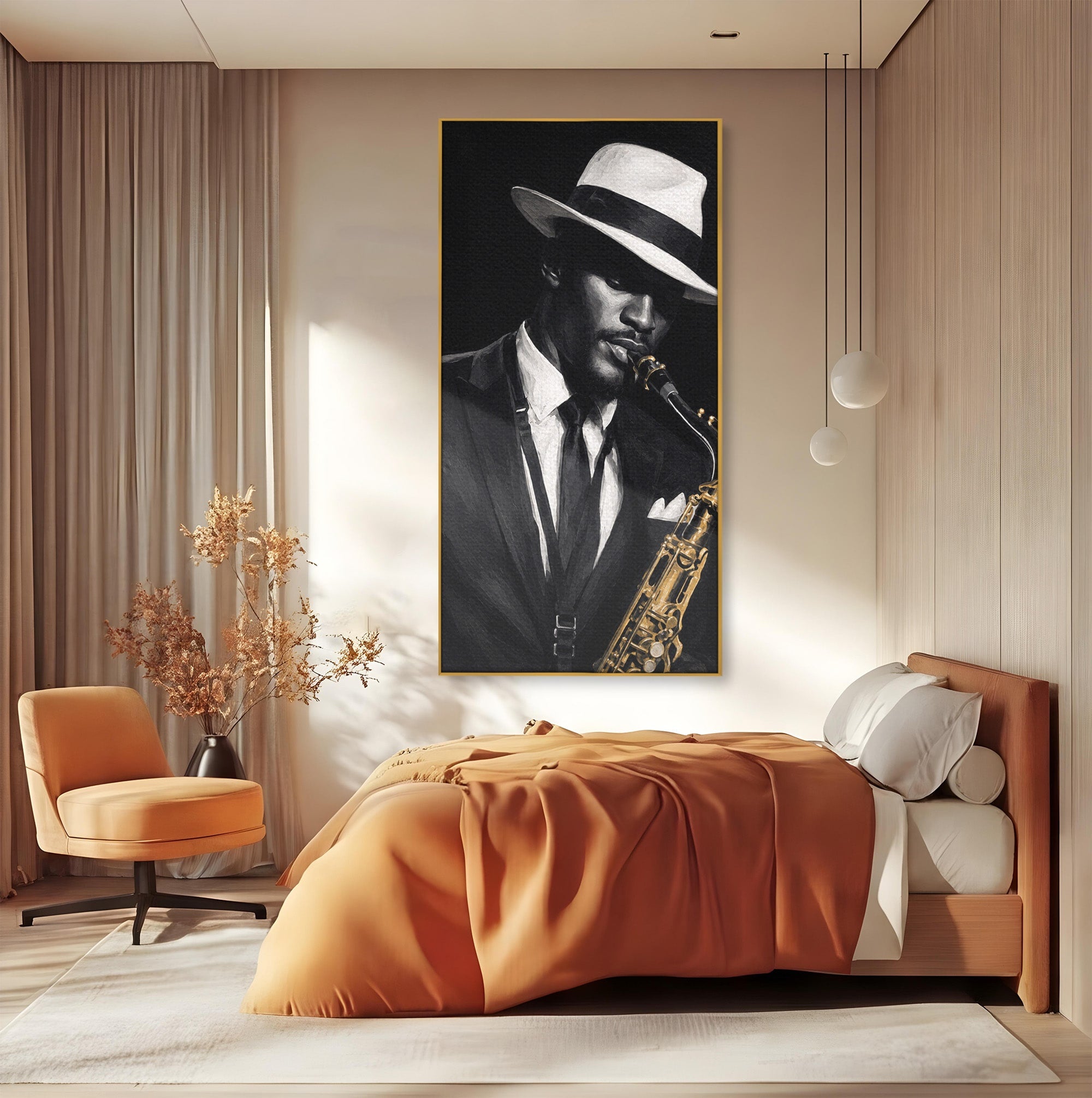 Tablou Canvas Premium LuxCanva® R1042, Saxofonist Elegant, Saxofonist, Muzica, Jazz, Portret, Stil, Living, Birou, Culori Vibrante