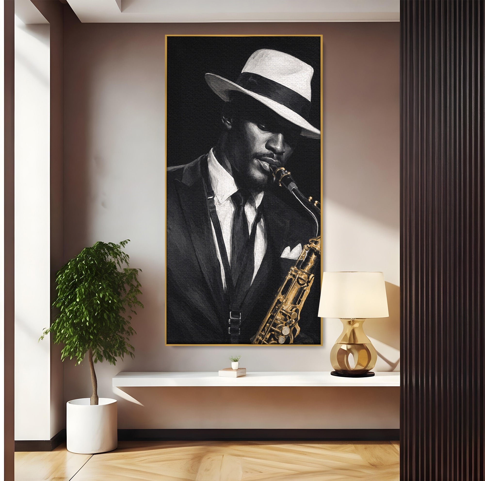 Tablou Canvas Premium LuxCanva® R1042, Saxofonist Elegant, Saxofonist, Muzica, Jazz, Portret, Stil, Living, Birou, Culori Vibrante