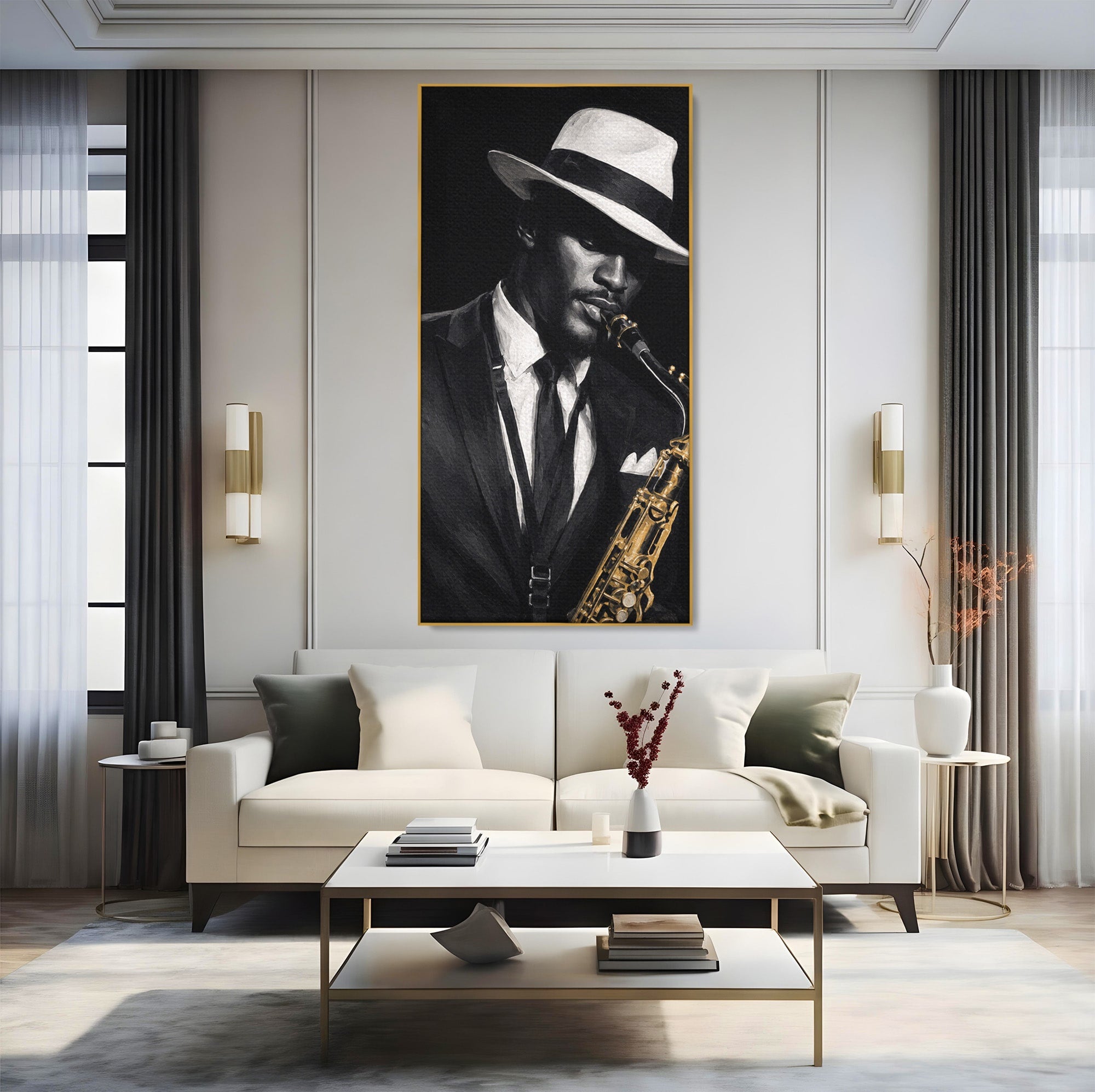 Tablou Canvas Premium LuxCanva® R1042, Saxofonist Elegant, Saxofonist, Muzica, Jazz, Portret, Stil, Living, Birou, Culori Vibrante