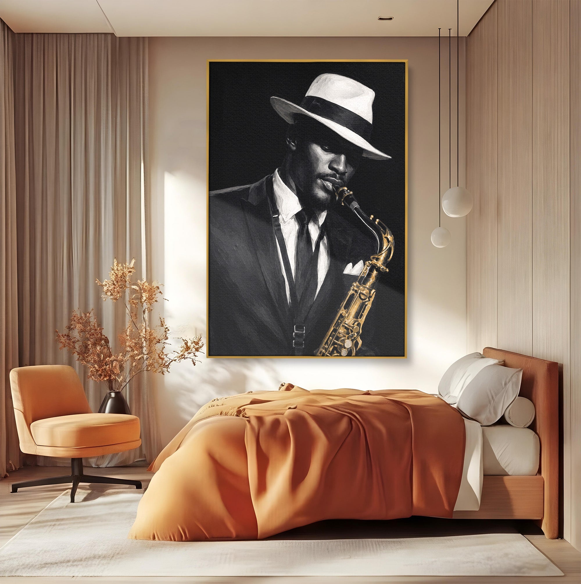 Tablou Canvas Premium LuxCanva® R1042, Saxofonist Elegant, Saxofonist, Muzica, Jazz, Portret, Stil, Living, Birou, Culori Vibrante