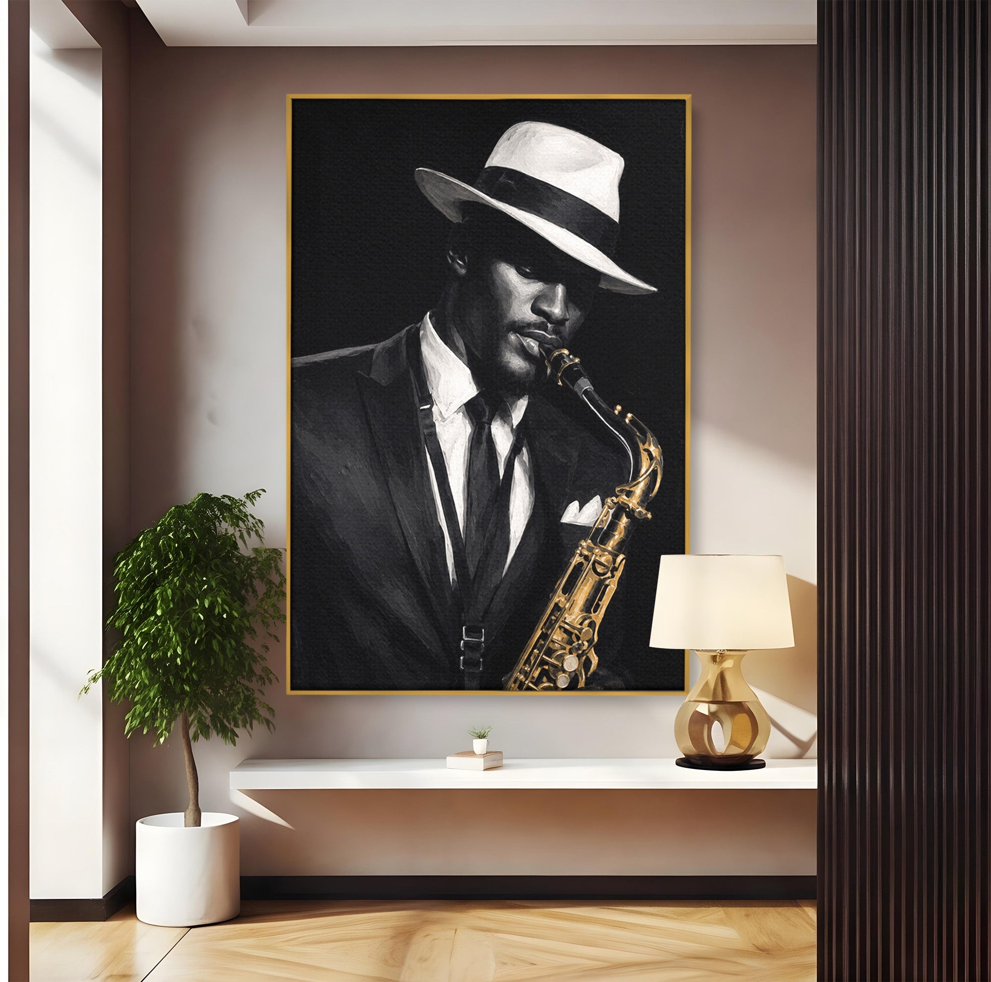 Tablou Canvas Premium LuxCanva® R1042, Saxofonist Elegant, Saxofonist, Muzica, Jazz, Portret, Stil, Living, Birou, Culori Vibrante