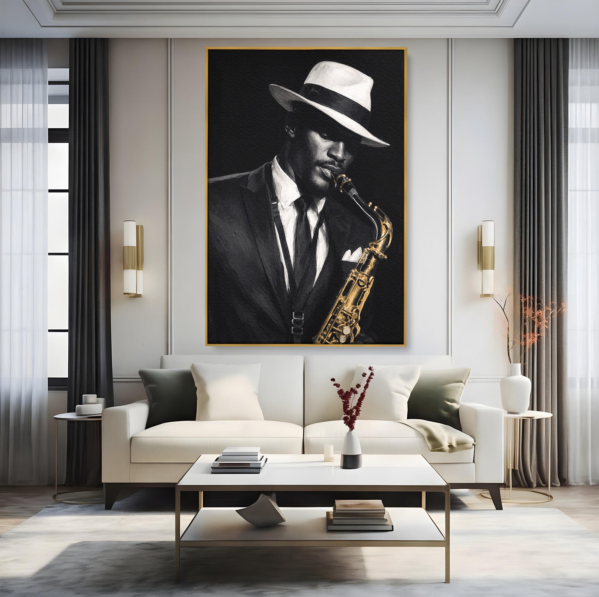 Tablou Canvas Premium LuxCanva® R1042, Saxofonist Elegant, Saxofonist, Muzica, Jazz, Portret, Stil, Living, Birou, Culori Vibrante
