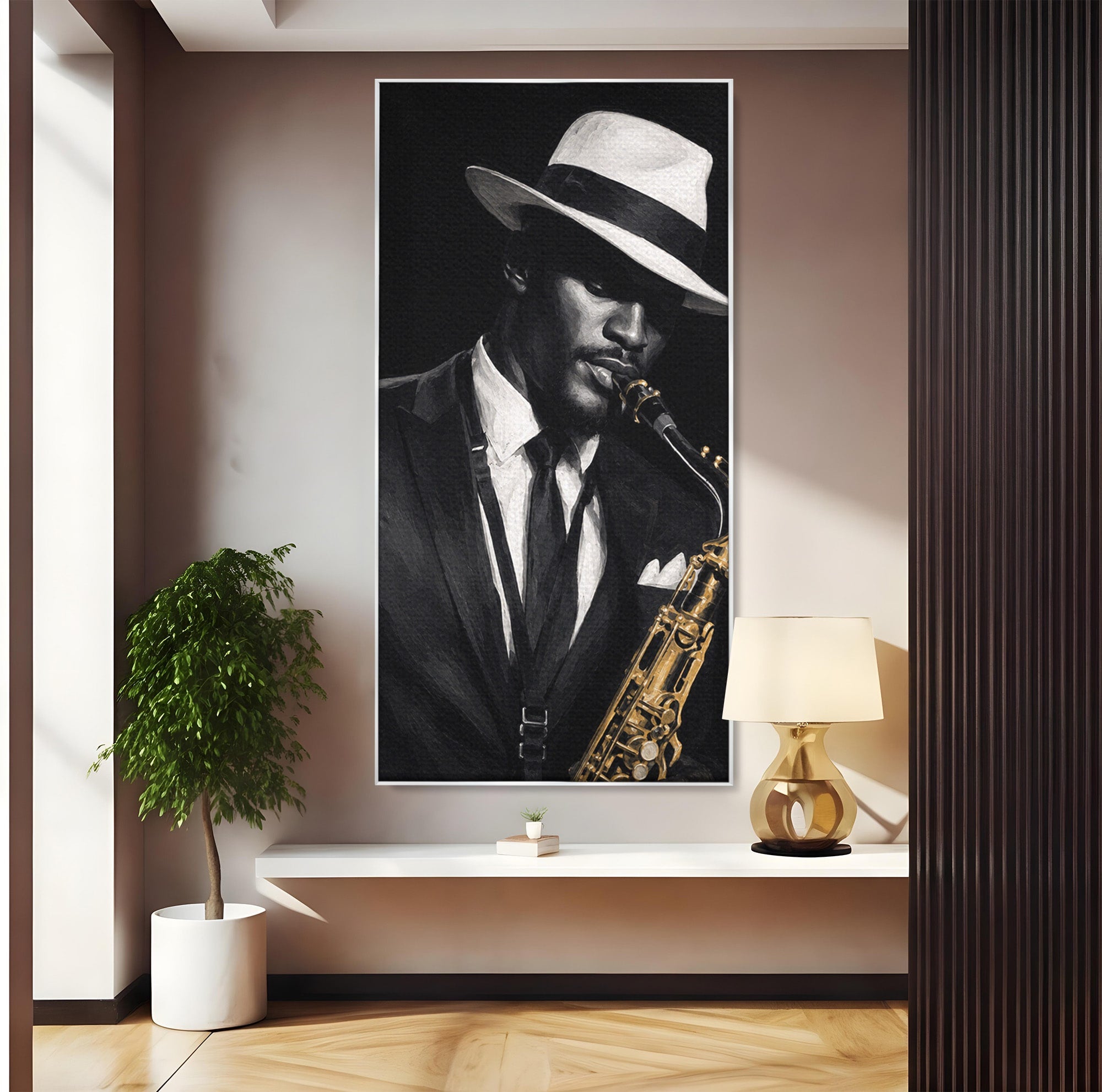 Tablou Canvas Premium LuxCanva® R1042, Saxofonist Elegant, Saxofonist, Muzica, Jazz, Portret, Stil, Living, Birou, Culori Vibrante