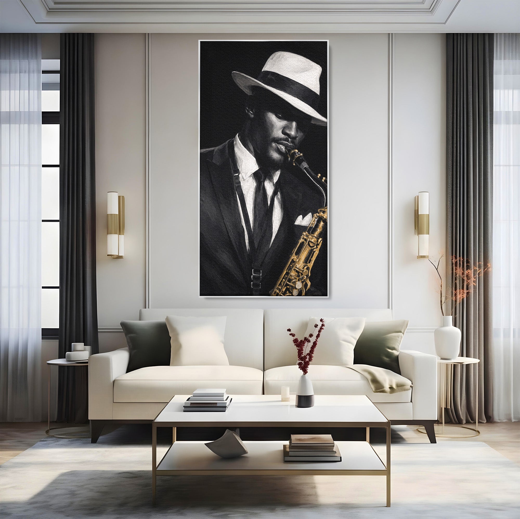 Tablou Canvas Premium LuxCanva® R1042, Saxofonist Elegant, Saxofonist, Muzica, Jazz, Portret, Stil, Living, Birou, Culori Vibrante