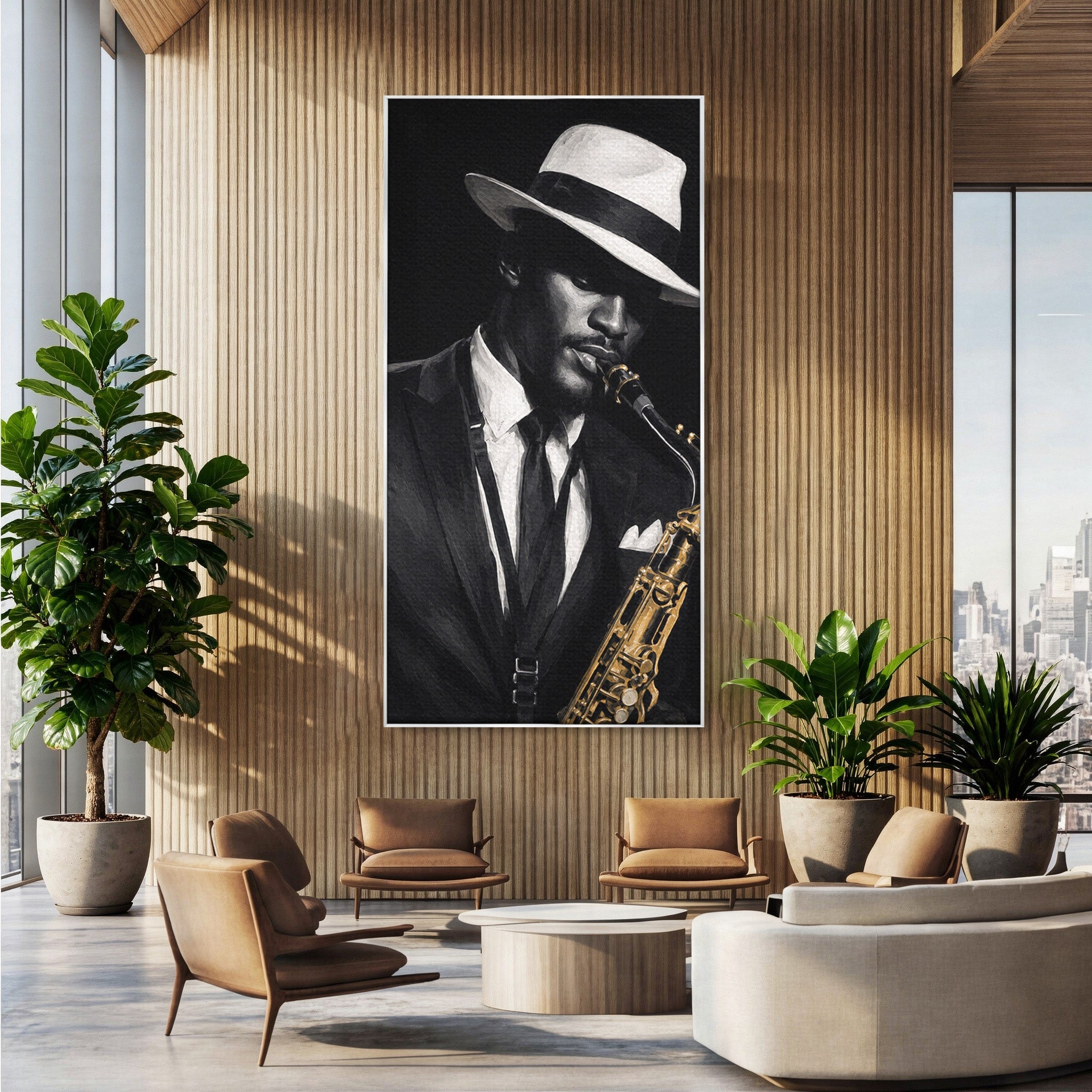Tablou Canvas Premium LuxCanva® R1042, Saxofonist Elegant, Saxofonist, Muzica, Jazz, Portret, Stil, Living, Birou, Culori Vibrante