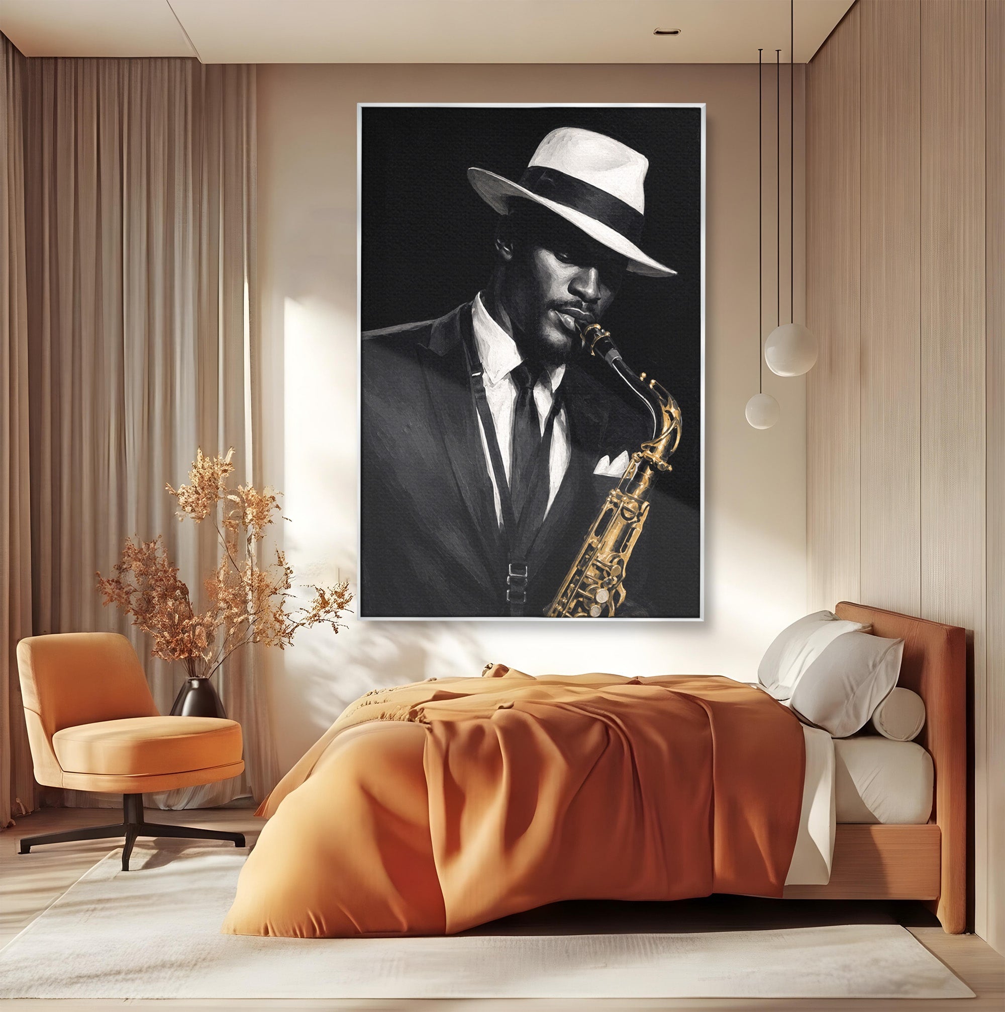 Tablou Canvas Premium LuxCanva® R1042, Saxofonist Elegant, Saxofonist, Muzica, Jazz, Portret, Stil, Living, Birou, Culori Vibrante