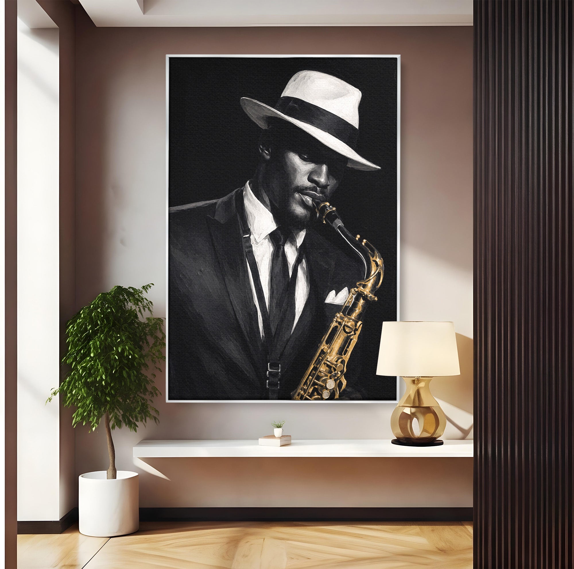 Tablou Canvas Premium LuxCanva® R1042, Saxofonist Elegant, Saxofonist, Muzica, Jazz, Portret, Stil, Living, Birou, Culori Vibrante
