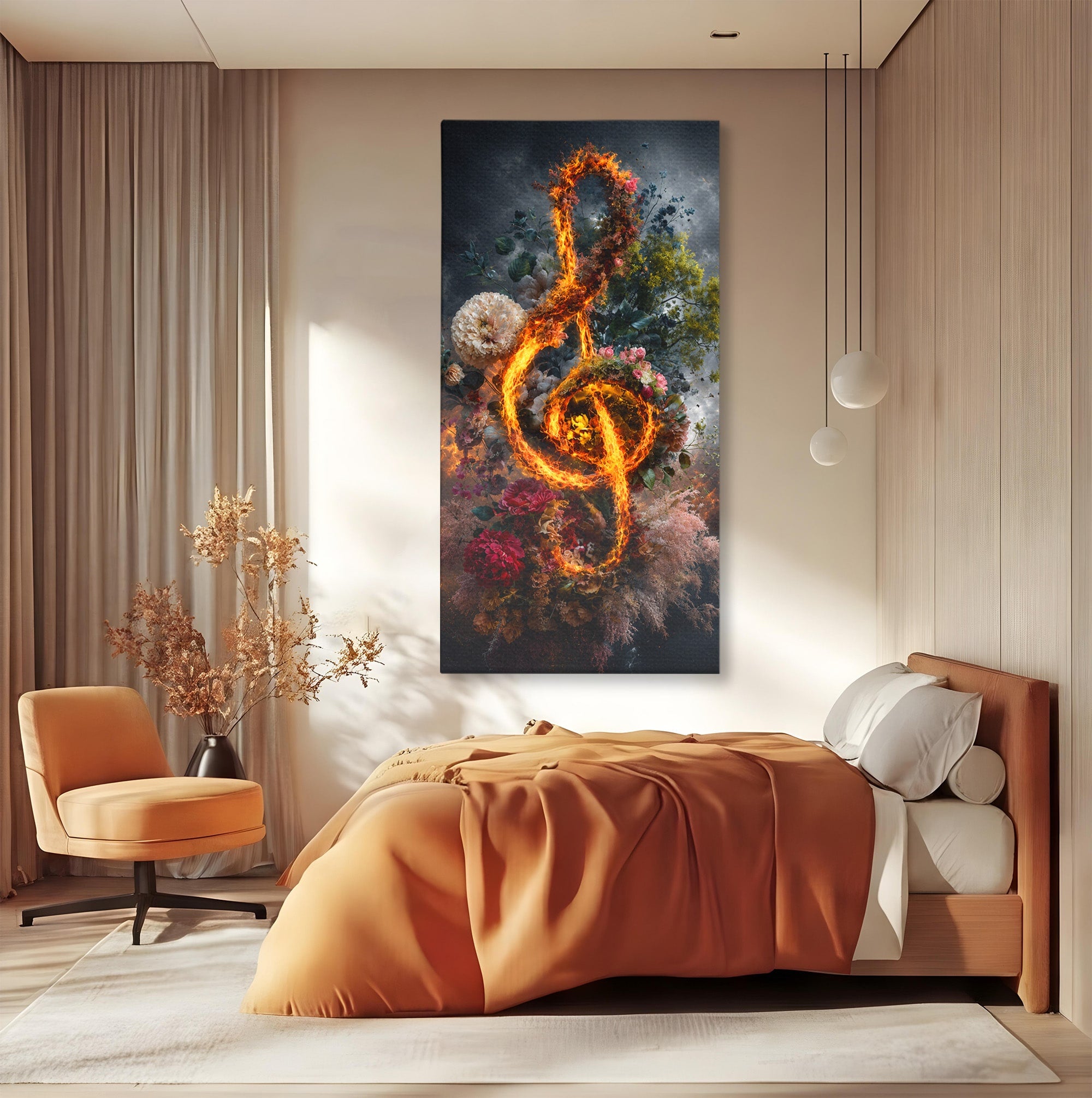 Tablou Canvas Premium LuxCanva® R1046, Cheia Sol In Flacari, Muzica, Flori, Arta, Living, Dormitor, Culori Vibrante