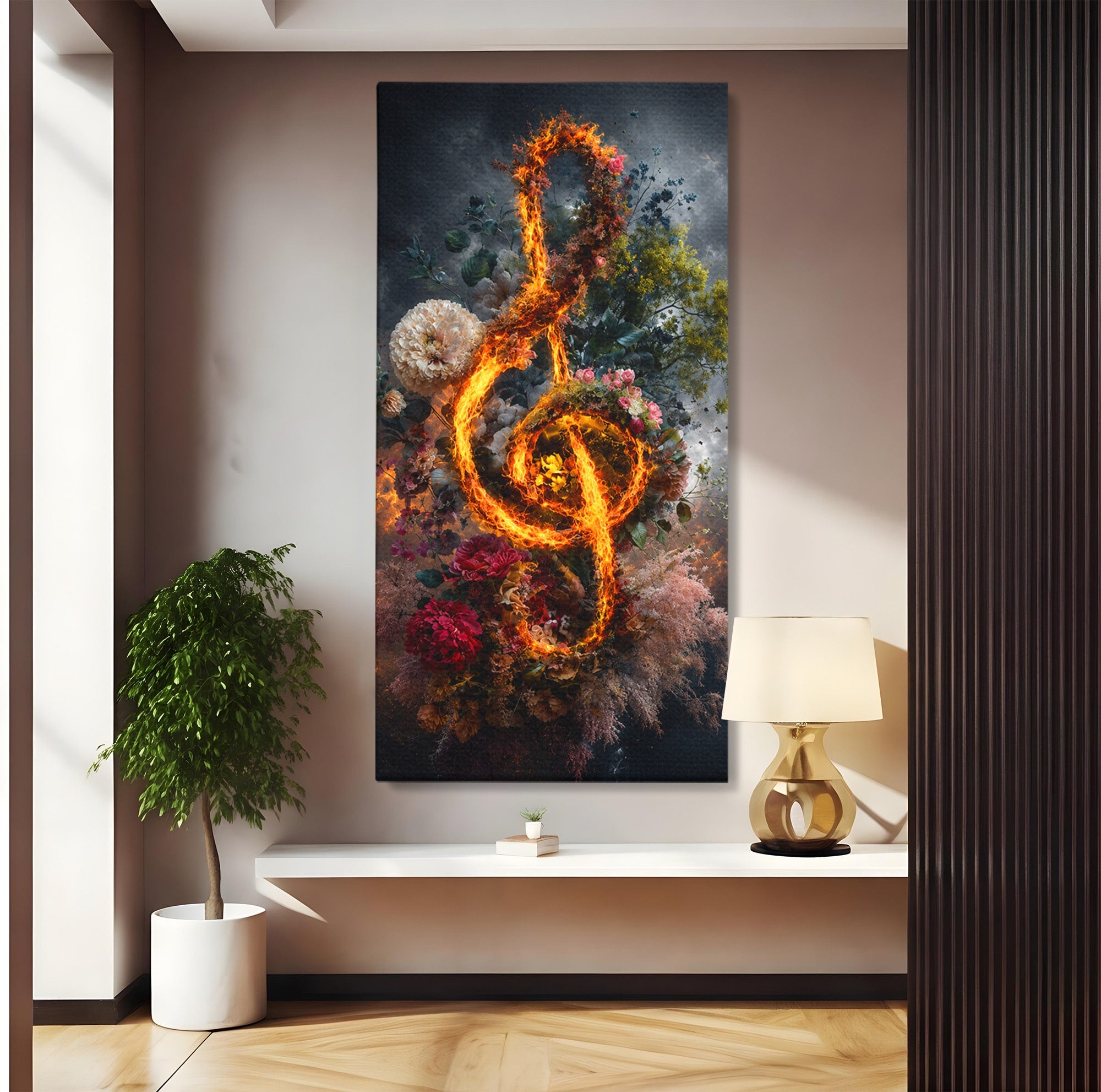 Tablou Canvas Premium LuxCanva® R1046, Cheia Sol In Flacari, Muzica, Flori, Arta, Living, Dormitor, Culori Vibrante