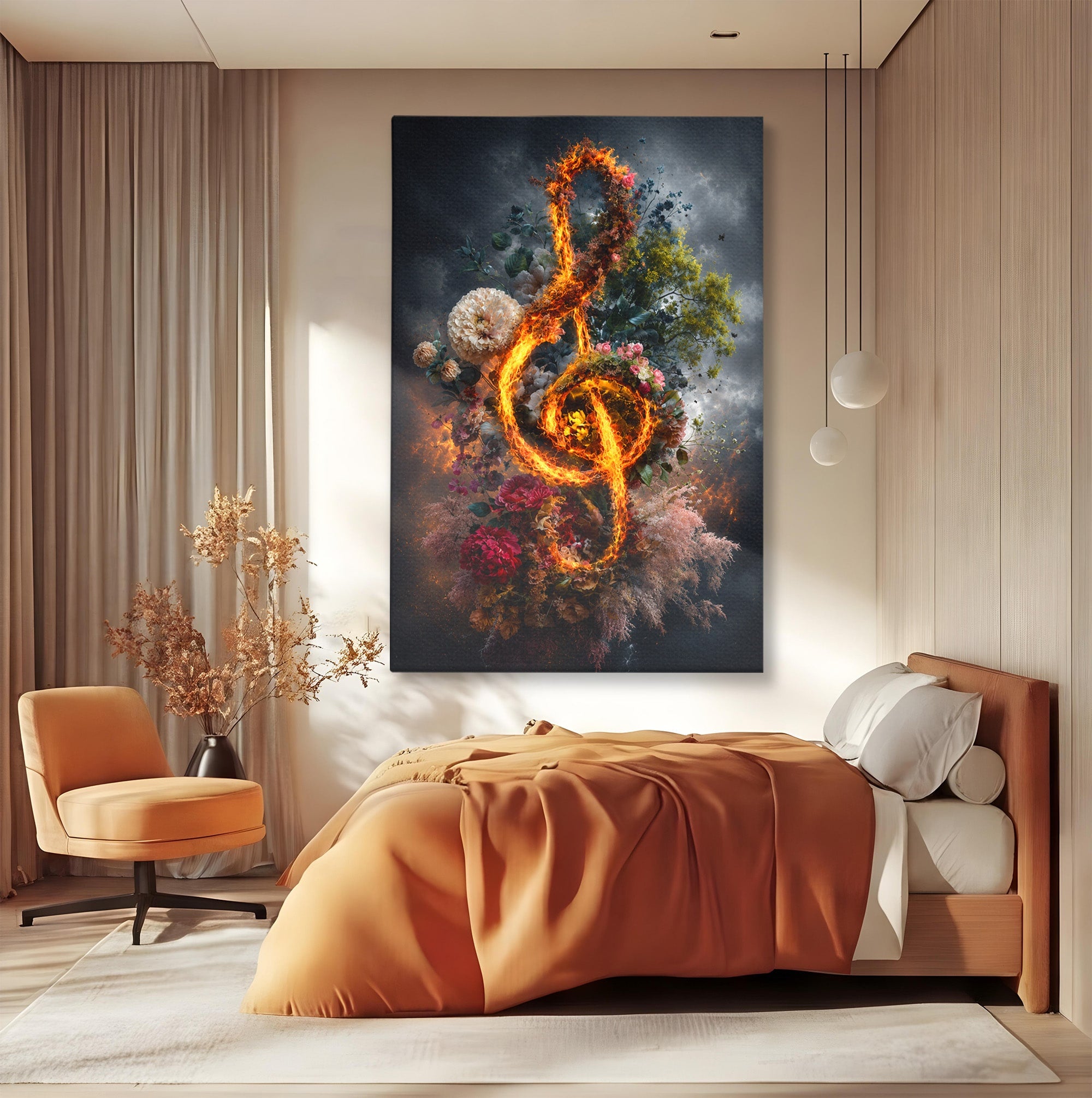 Tablou Canvas Premium LuxCanva® R1046, Cheia Sol In Flacari, Muzica, Flori, Arta, Living, Dormitor, Culori Vibrante