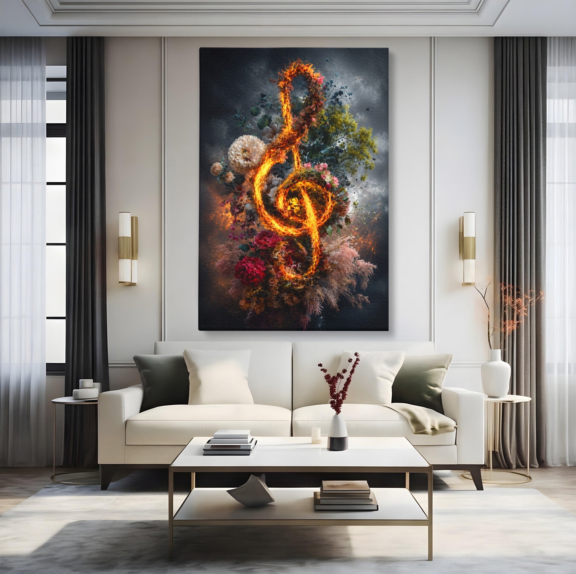 Tablou Canvas Premium LuxCanva® R1046, Cheia Sol In Flacari, Muzica, Flori, Arta, Living, Dormitor, Culori Vibrante