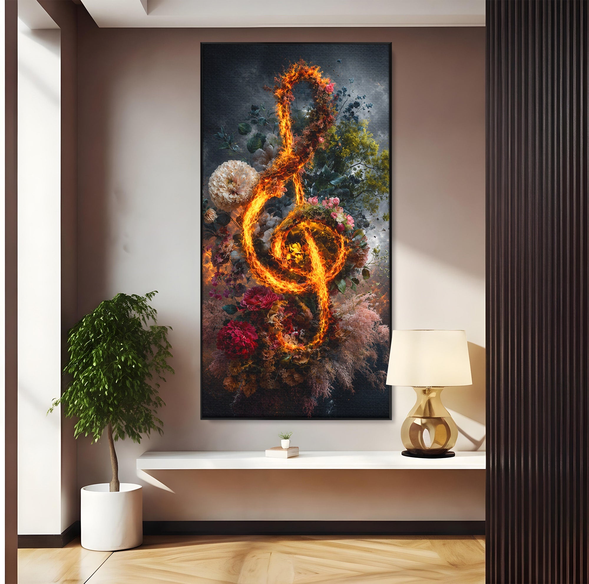 Tablou Canvas Premium LuxCanva® R1046, Cheia Sol In Flacari, Muzica, Flori, Arta, Living, Dormitor, Culori Vibrante