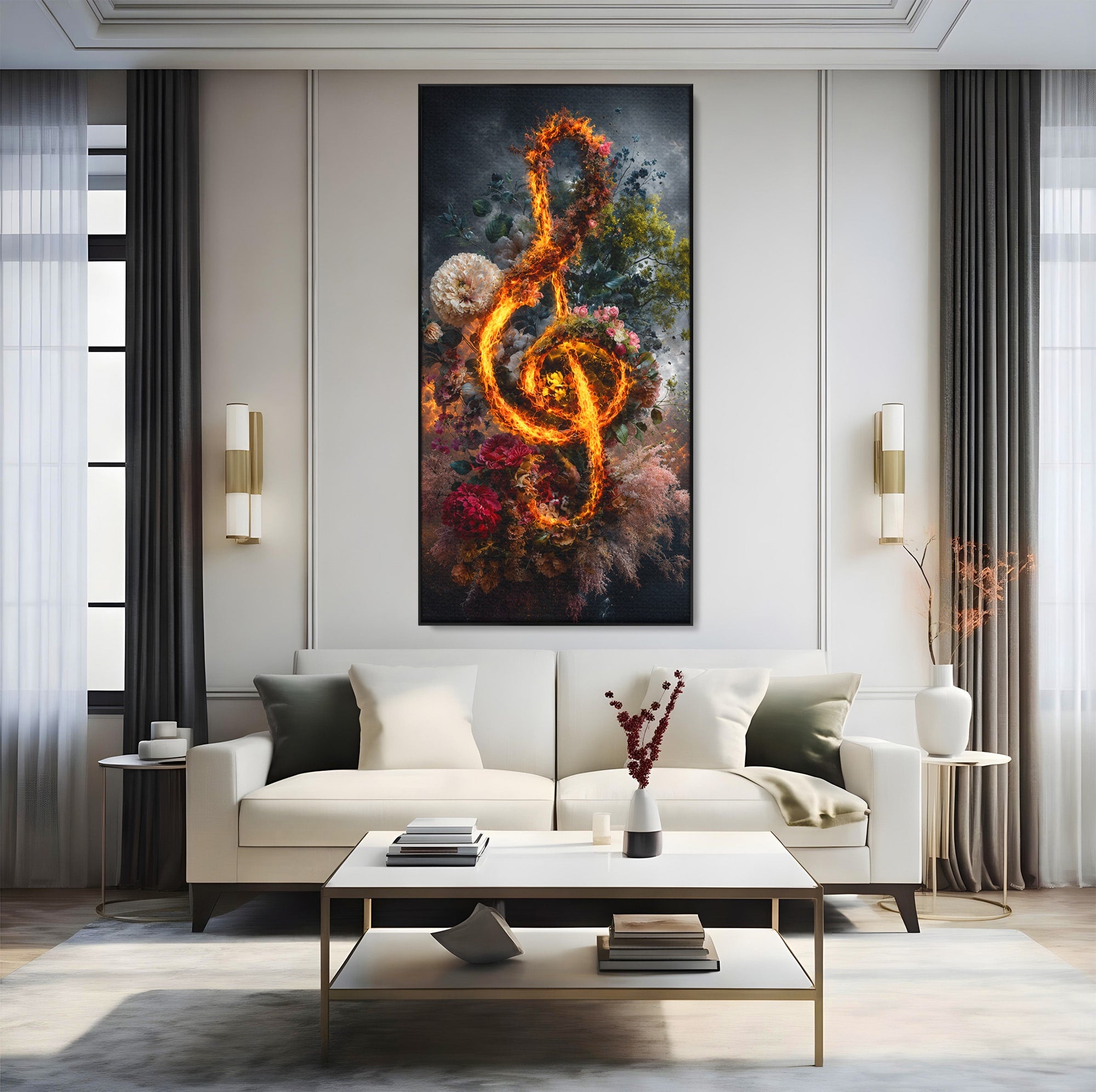 Tablou Canvas Premium LuxCanva® R1046, Cheia Sol In Flacari, Muzica, Flori, Arta, Living, Dormitor, Culori Vibrante