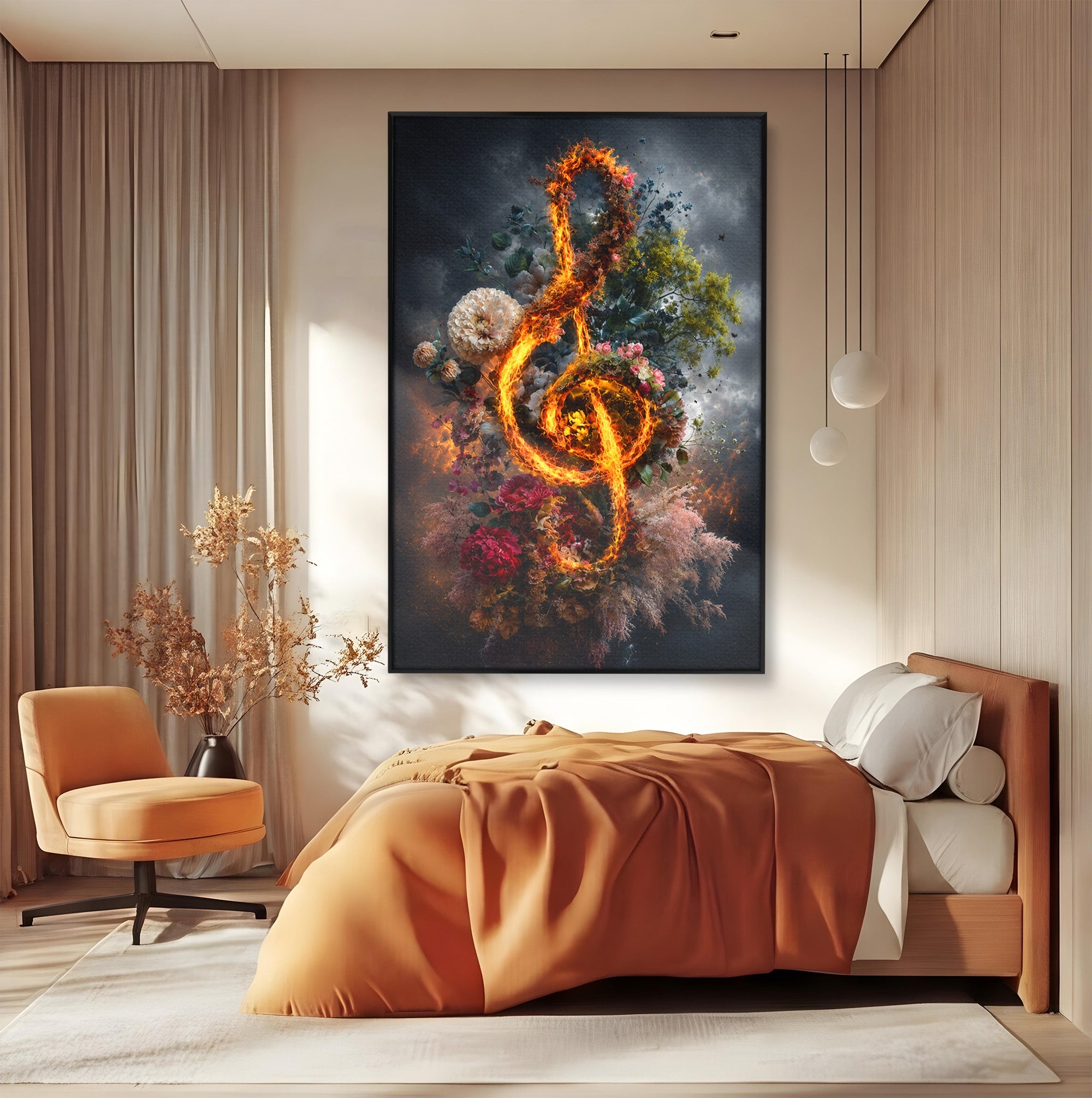 Tablou Canvas Premium LuxCanva® R1046, Cheia Sol In Flacari, Muzica, Flori, Arta, Living, Dormitor, Culori Vibrante
