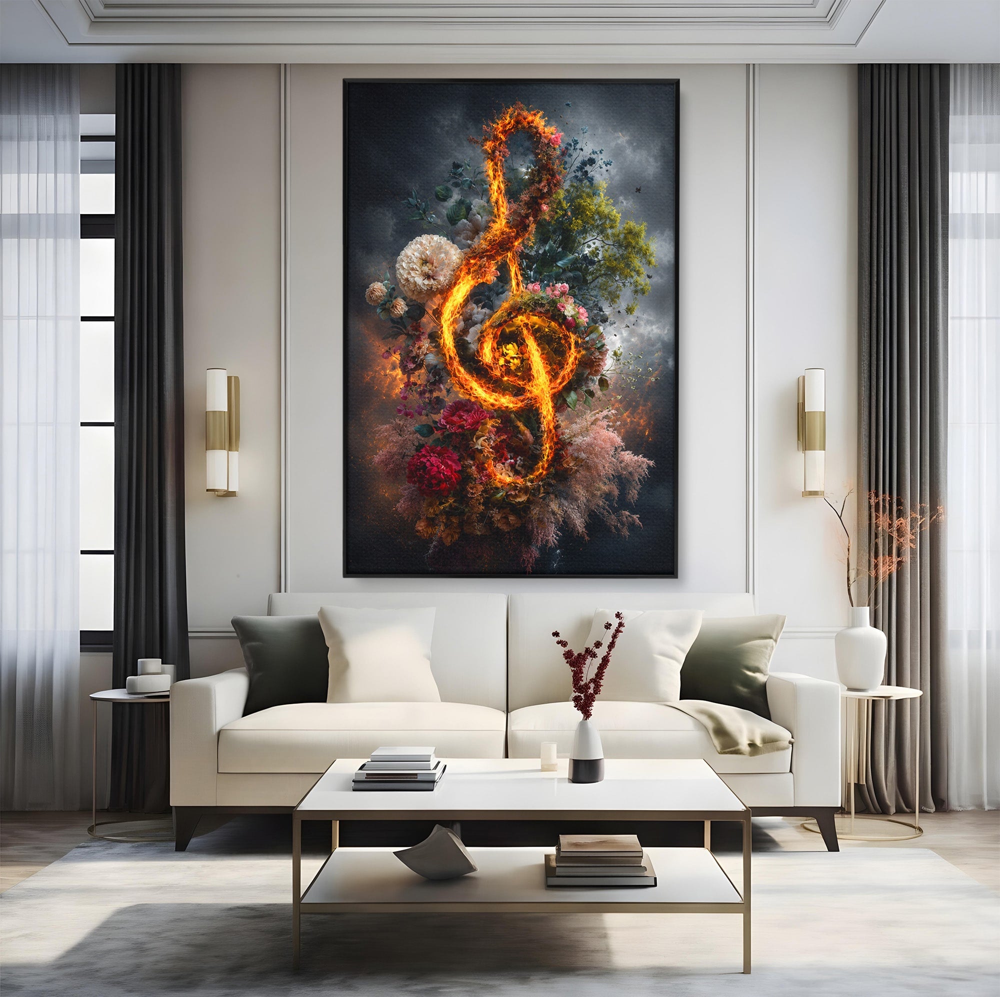 Tablou Canvas Premium LuxCanva® R1046, Cheia Sol In Flacari, Muzica, Flori, Arta, Living, Dormitor, Culori Vibrante