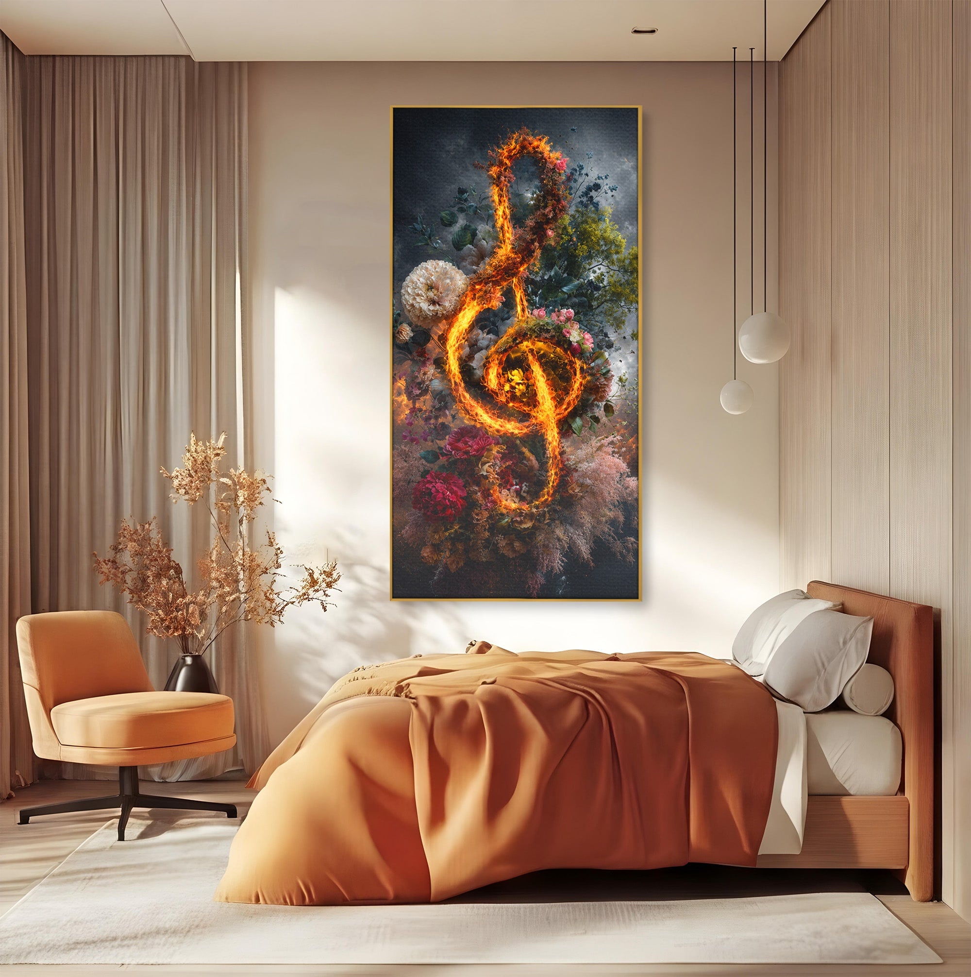 Tablou Canvas Premium LuxCanva® R1046, Cheia Sol In Flacari, Muzica, Flori, Arta, Living, Dormitor, Culori Vibrante
