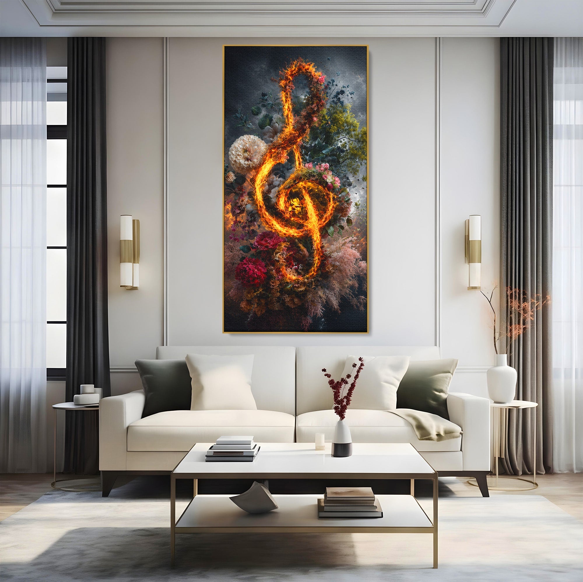 Tablou Canvas Premium LuxCanva® R1046, Cheia Sol In Flacari, Muzica, Flori, Arta, Living, Dormitor, Culori Vibrante