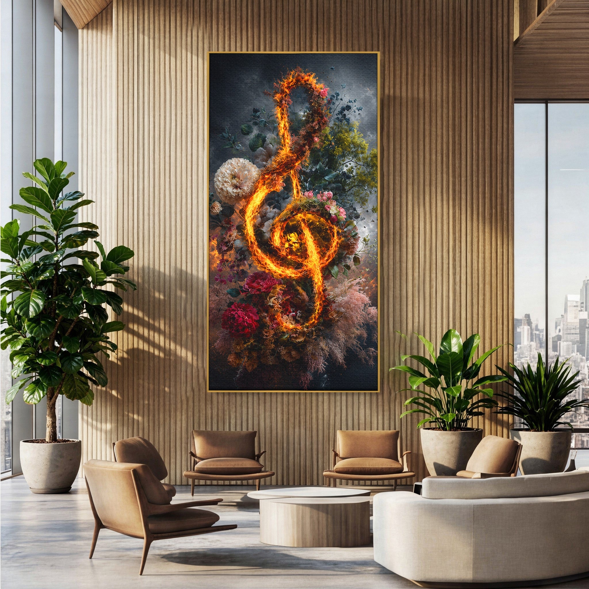 Tablou Canvas Premium LuxCanva® R1046, Cheia Sol In Flacari, Muzica, Flori, Arta, Living, Dormitor, Culori Vibrante