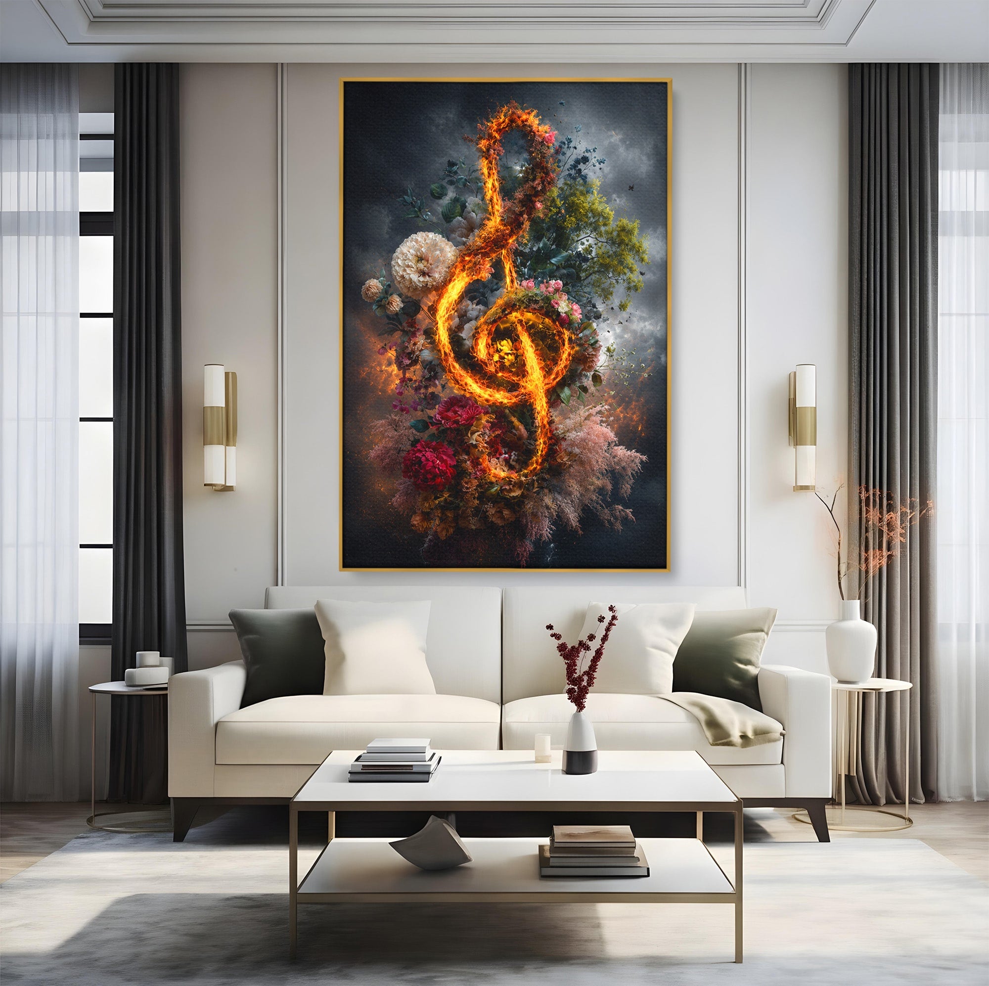 Tablou Canvas Premium LuxCanva® R1046, Cheia Sol In Flacari, Muzica, Flori, Arta, Living, Dormitor, Culori Vibrante