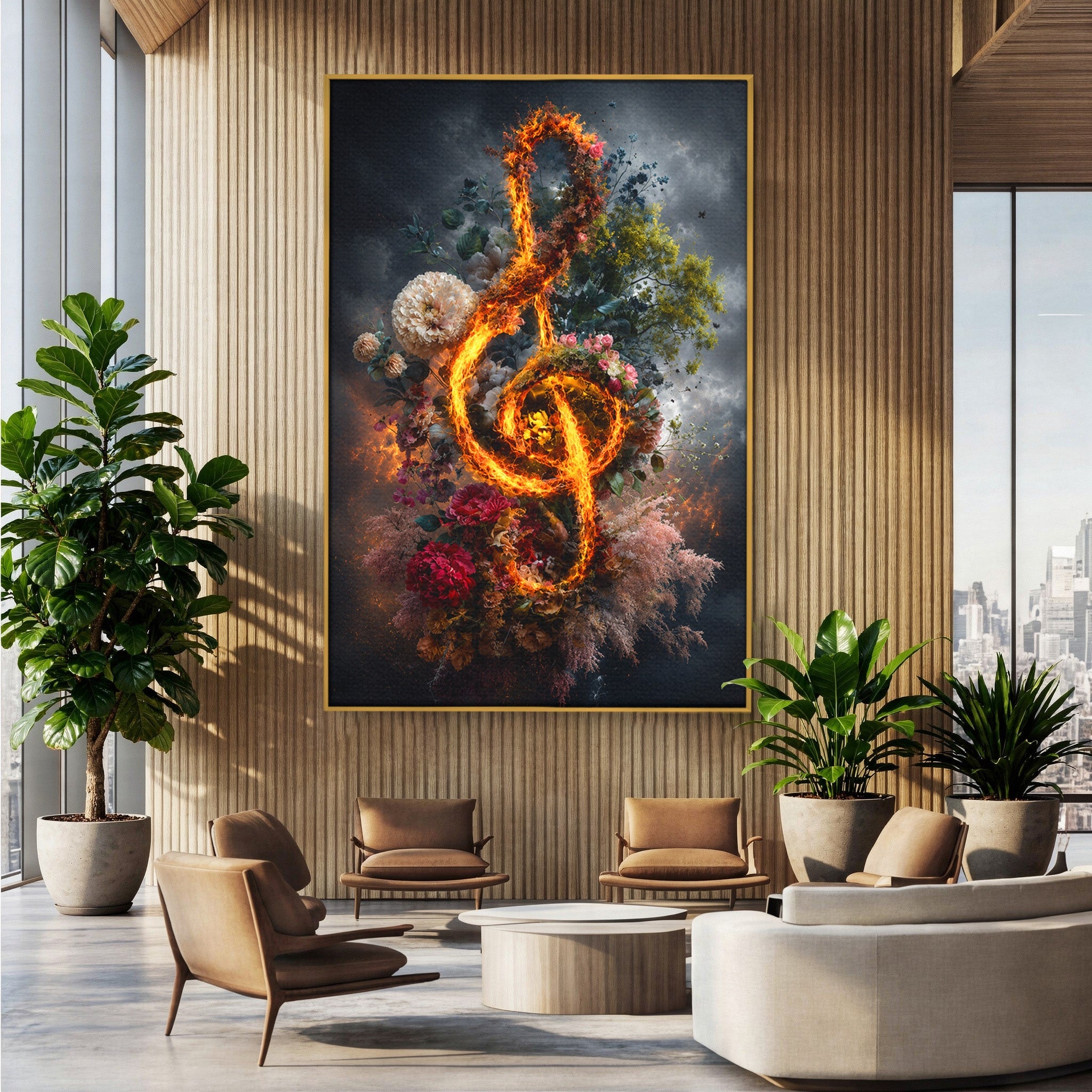 Tablou Canvas Premium LuxCanva® R1046, Cheia Sol In Flacari, Muzica, Flori, Arta, Living, Dormitor, Culori Vibrante