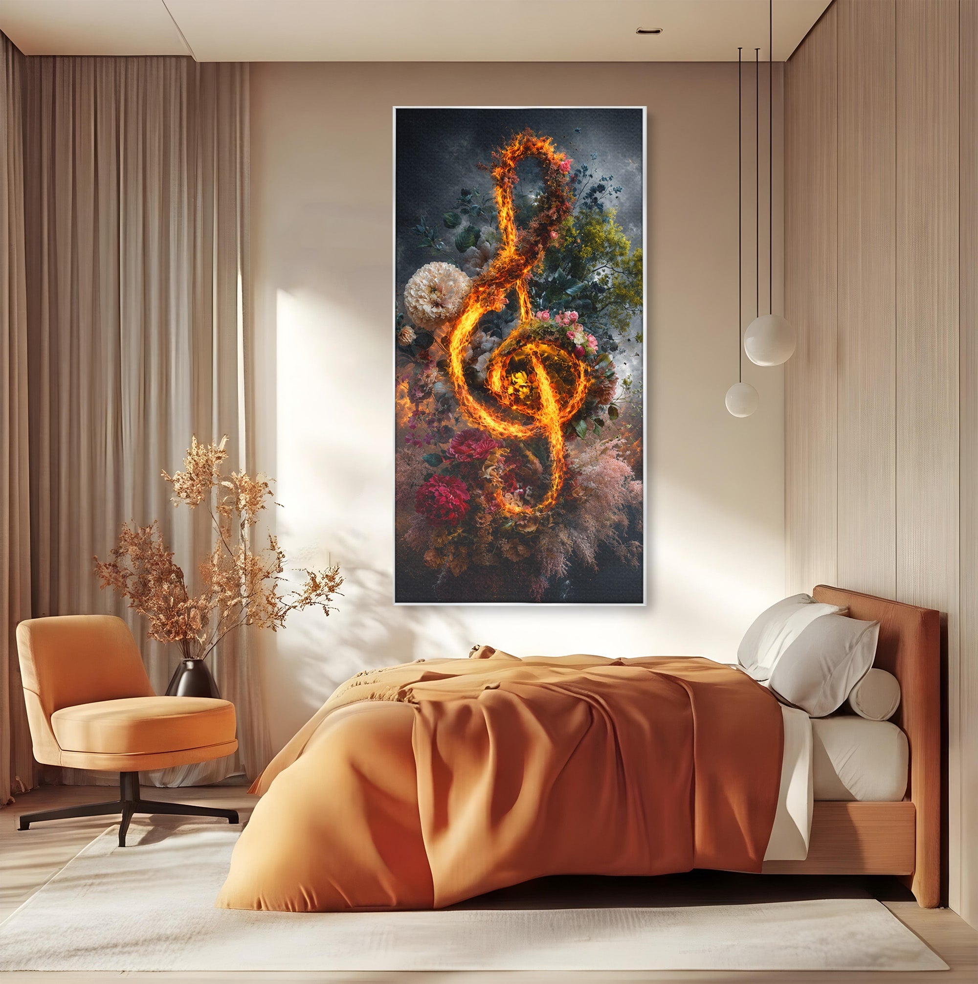 Tablou Canvas Premium LuxCanva® R1046, Cheia Sol In Flacari, Muzica, Flori, Arta, Living, Dormitor, Culori Vibrante
