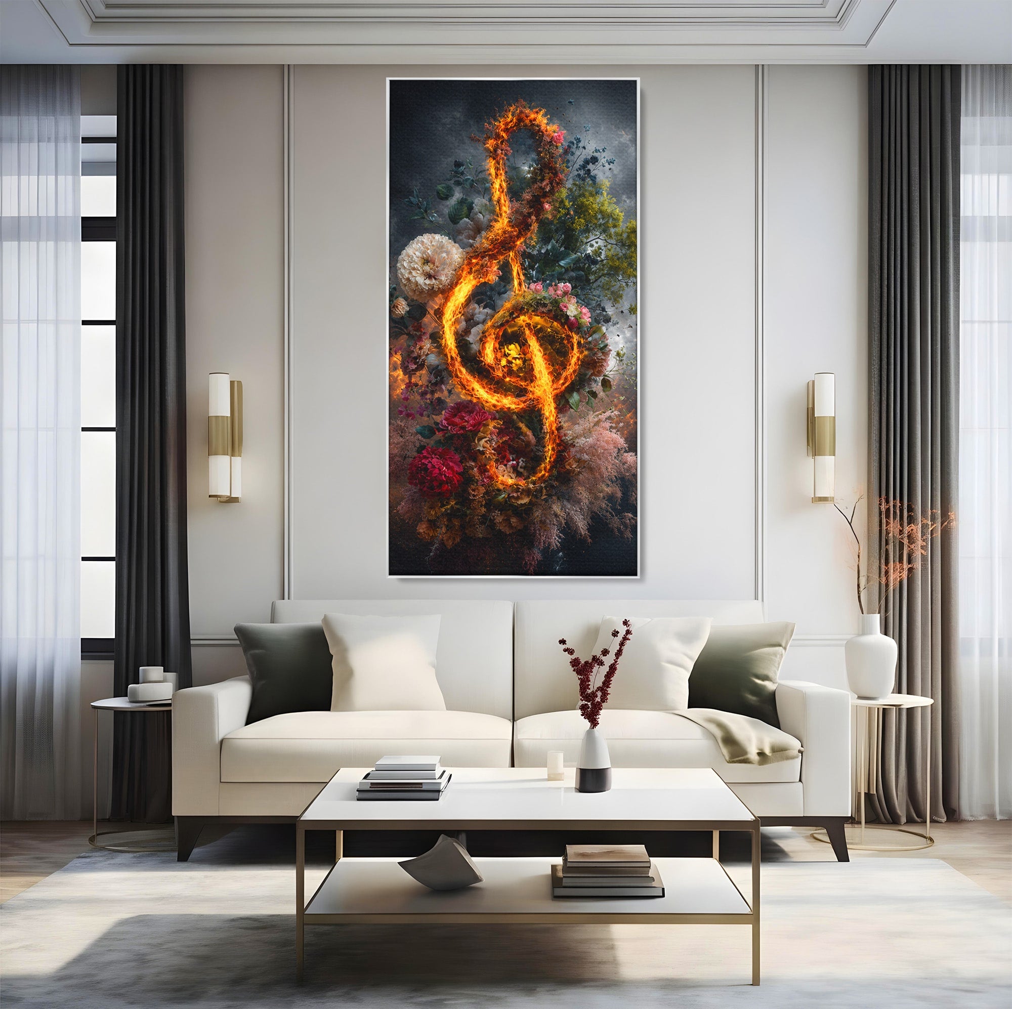 Tablou Canvas Premium LuxCanva® R1046, Cheia Sol In Flacari, Muzica, Flori, Arta, Living, Dormitor, Culori Vibrante