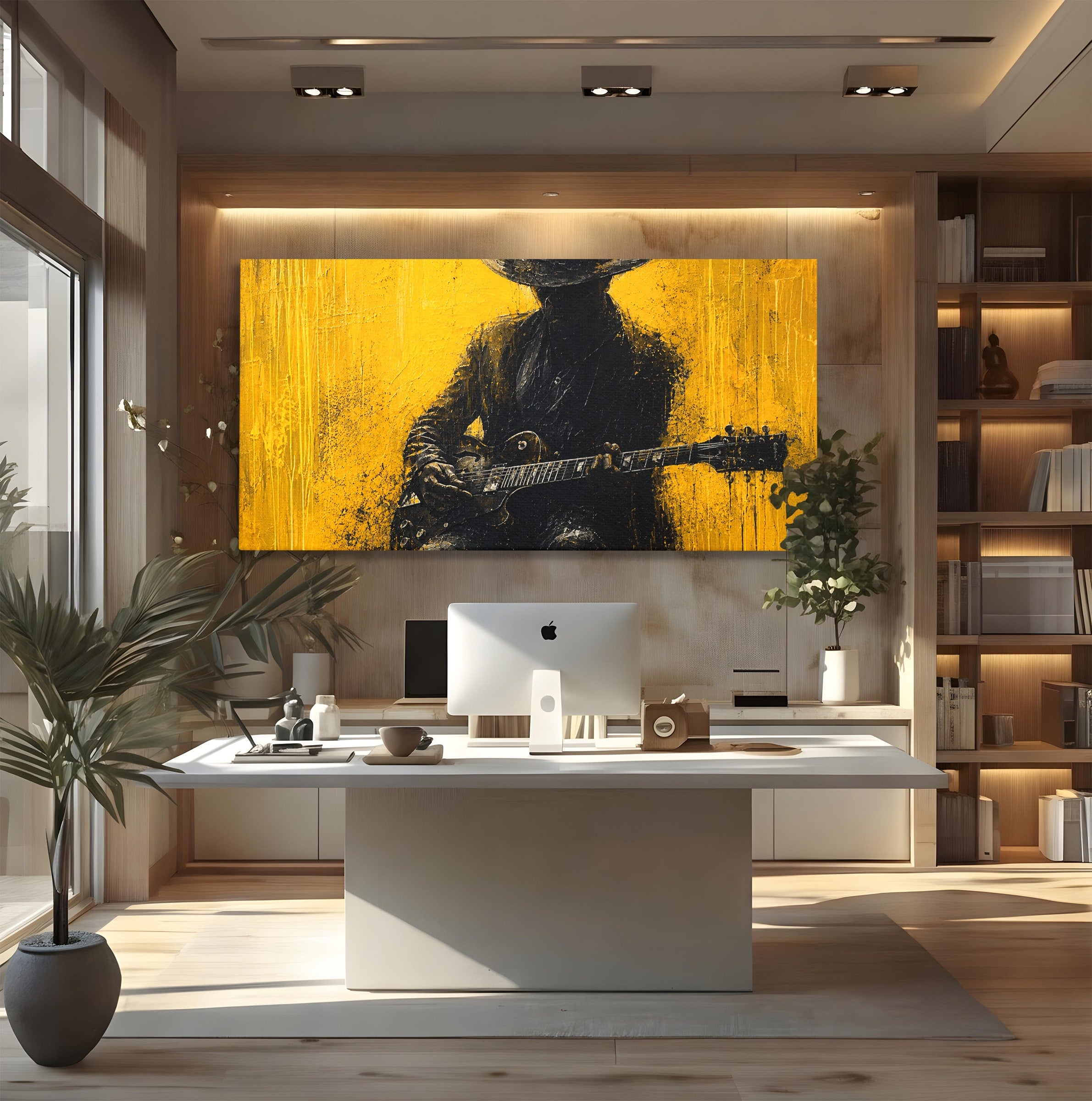 Tablou Canvas Premium LuxCanva® R1047, Chitaristul Misterios, Chitarist, Muzica, Silhouette, Living, Dormitor, Culori Vibrante