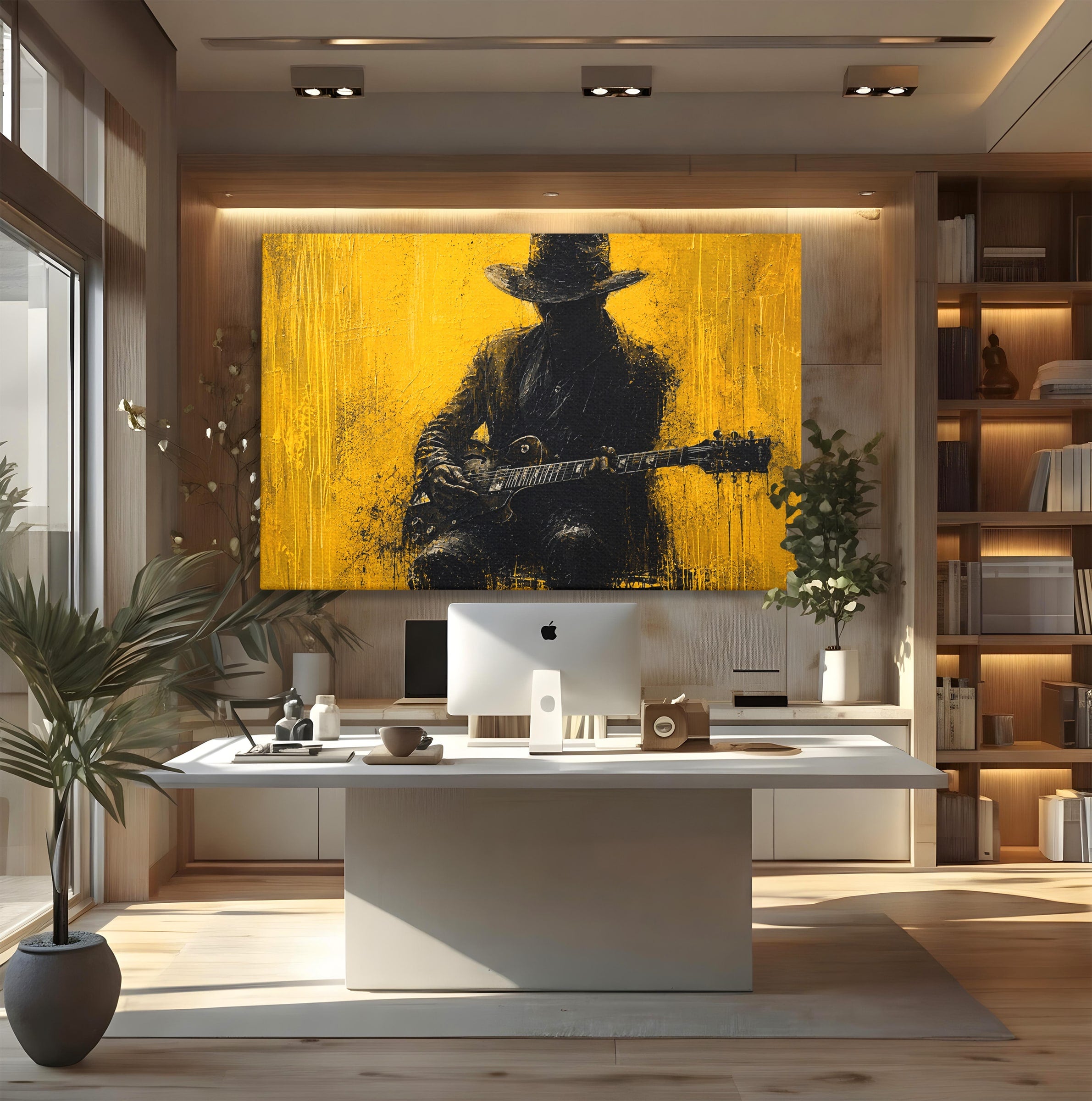 Tablou Canvas Premium LuxCanva® R1047, Chitaristul Misterios, Chitarist, Muzica, Silhouette, Living, Dormitor, Culori Vibrante