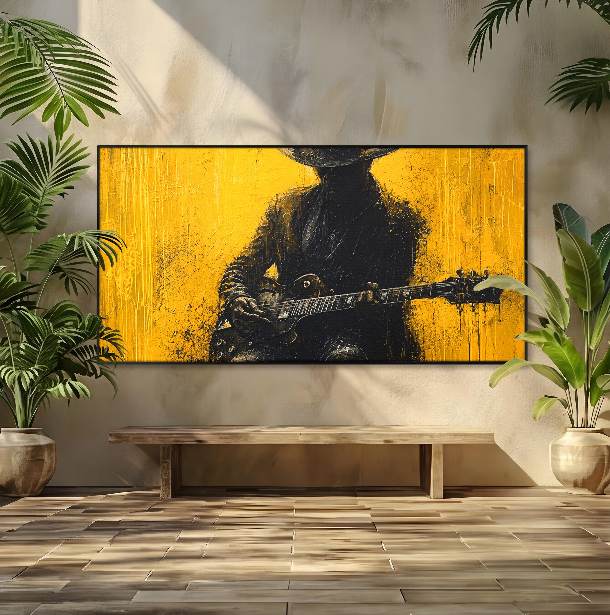 Tablou Canvas Premium LuxCanva® R1047, Chitaristul Misterios, Chitarist, Muzica, Silhouette, Living, Dormitor, Culori Vibrante