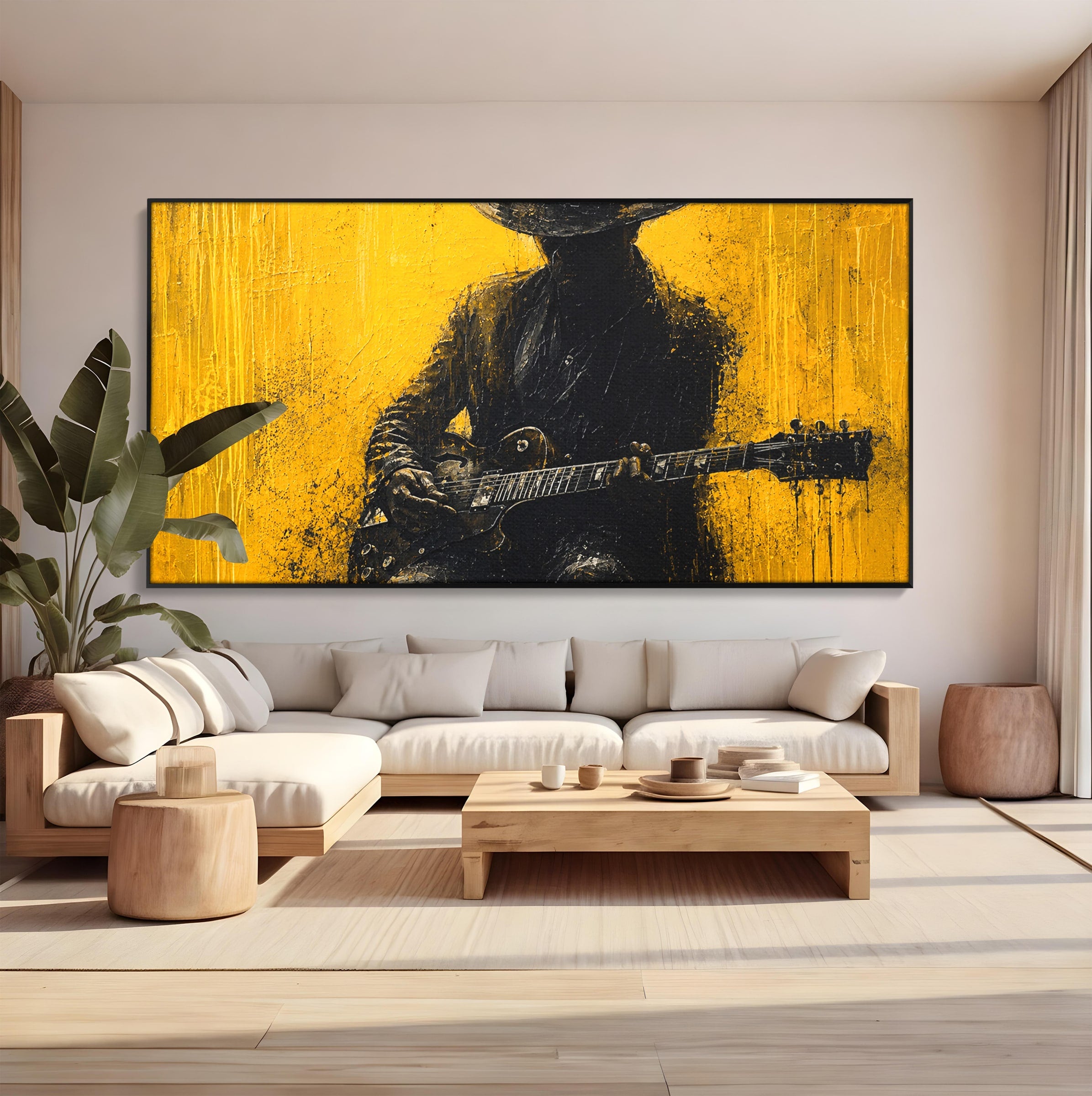Tablou Canvas Premium LuxCanva® R1047, Chitaristul Misterios, Chitarist, Muzica, Silhouette, Living, Dormitor, Culori Vibrante