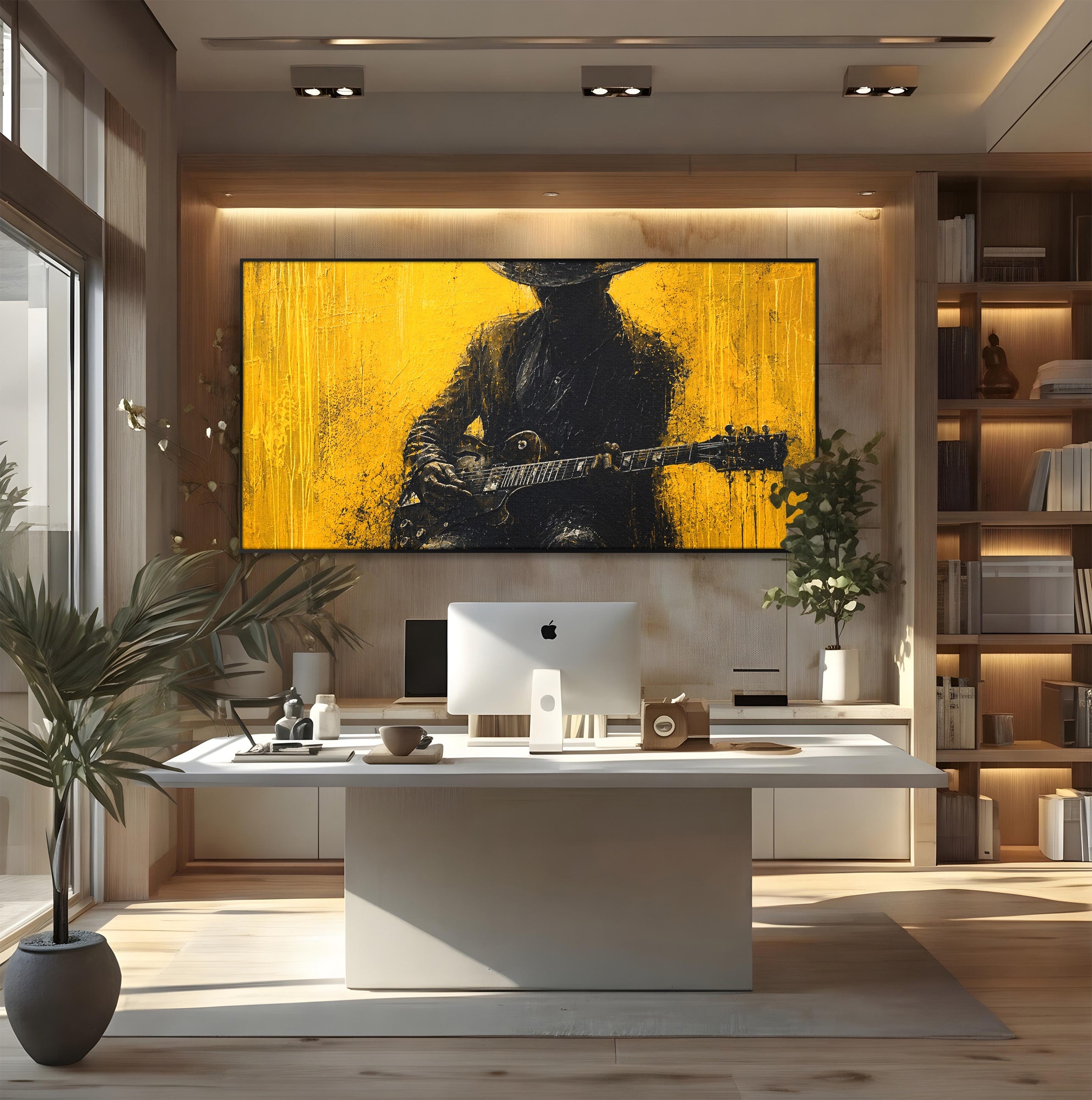 Tablou Canvas Premium LuxCanva® R1047, Chitaristul Misterios, Chitarist, Muzica, Silhouette, Living, Dormitor, Culori Vibrante