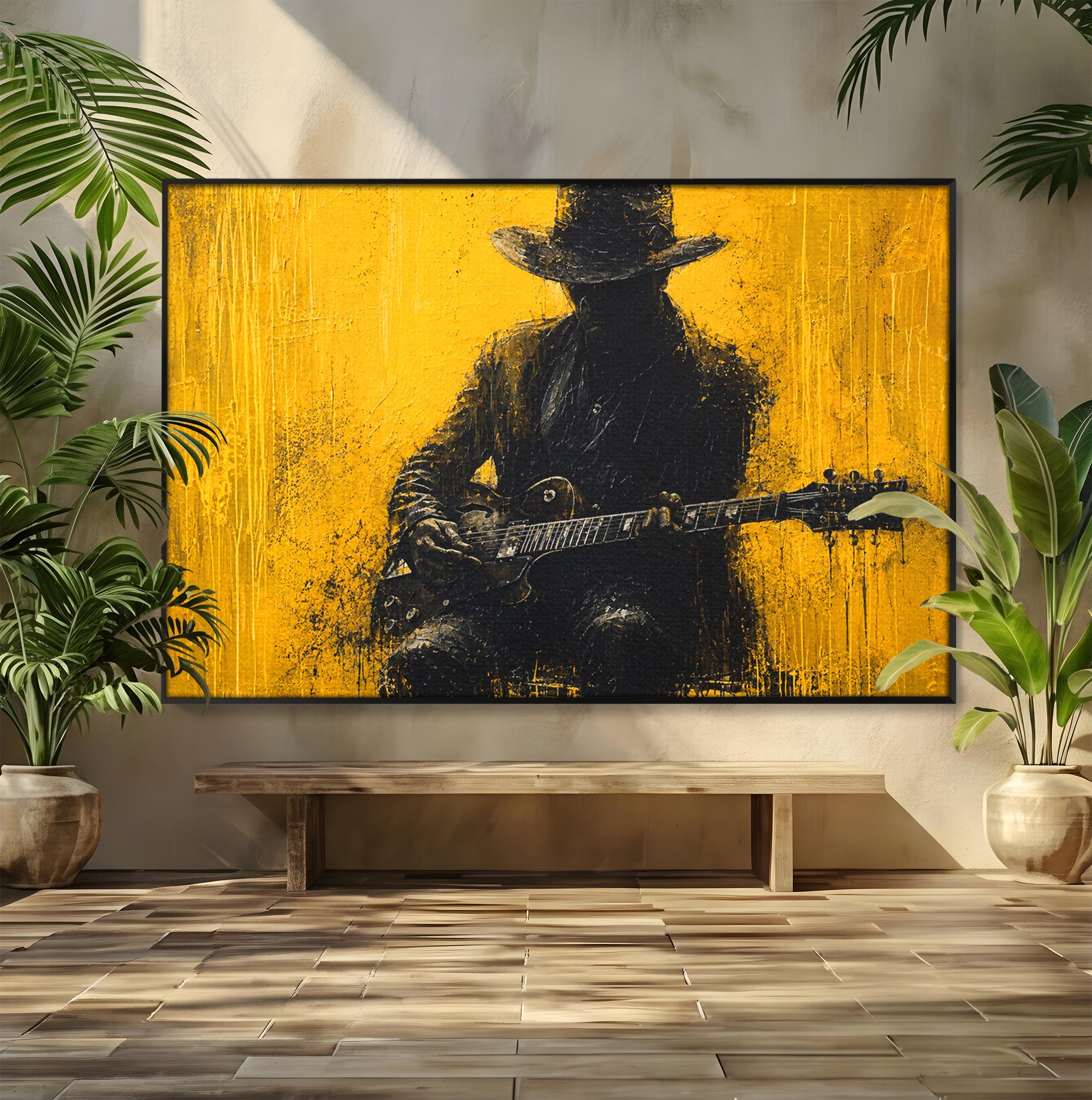 Tablou Canvas Premium LuxCanva® R1047, Chitaristul Misterios, Chitarist, Muzica, Silhouette, Living, Dormitor, Culori Vibrante