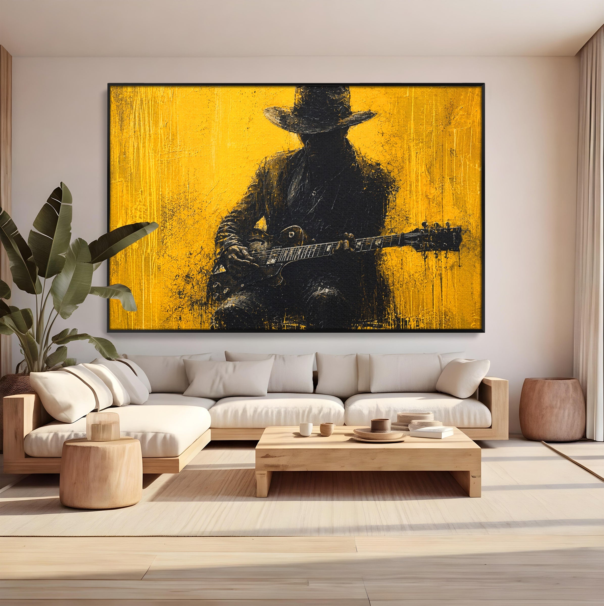 Tablou Canvas Premium LuxCanva® R1047, Chitaristul Misterios, Chitarist, Muzica, Silhouette, Living, Dormitor, Culori Vibrante