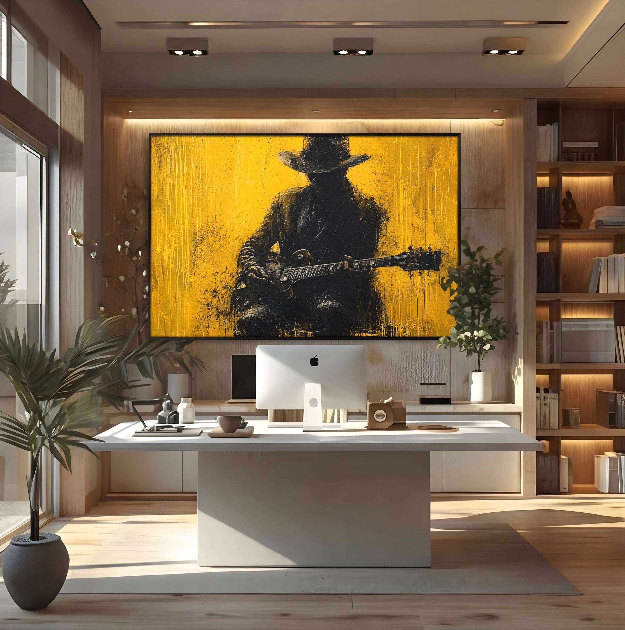 Tablou Canvas Premium LuxCanva® R1047, Chitaristul Misterios, Chitarist, Muzica, Silhouette, Living, Dormitor, Culori Vibrante
