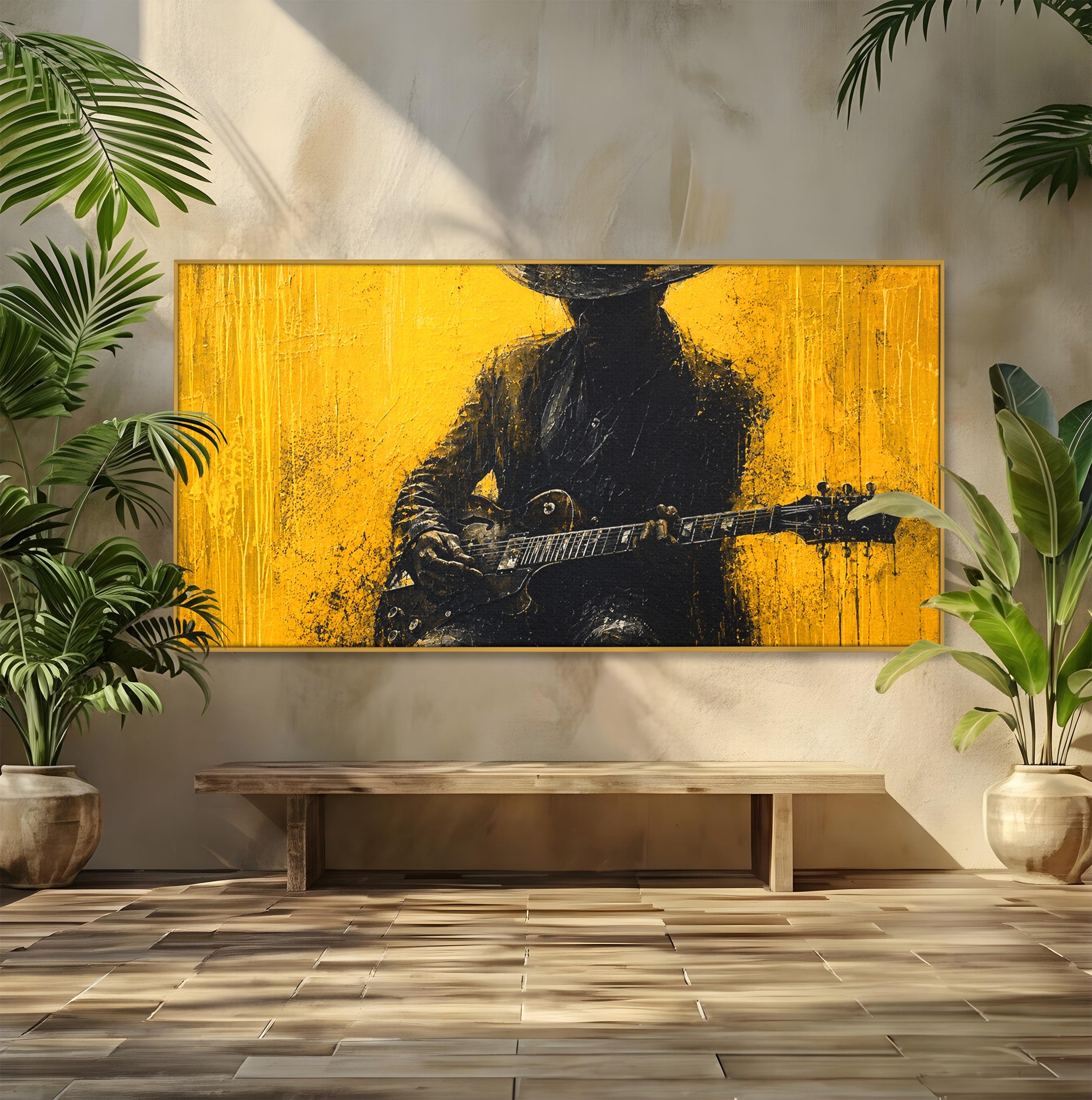 Tablou Canvas Premium LuxCanva® R1047, Chitaristul Misterios, Chitarist, Muzica, Silhouette, Living, Dormitor, Culori Vibrante
