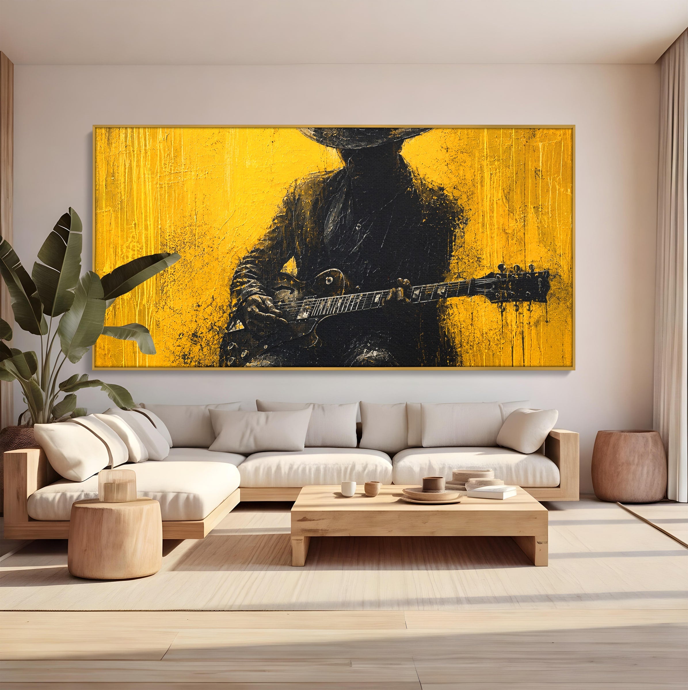 Tablou Canvas Premium LuxCanva® R1047, Chitaristul Misterios, Chitarist, Muzica, Silhouette, Living, Dormitor, Culori Vibrante