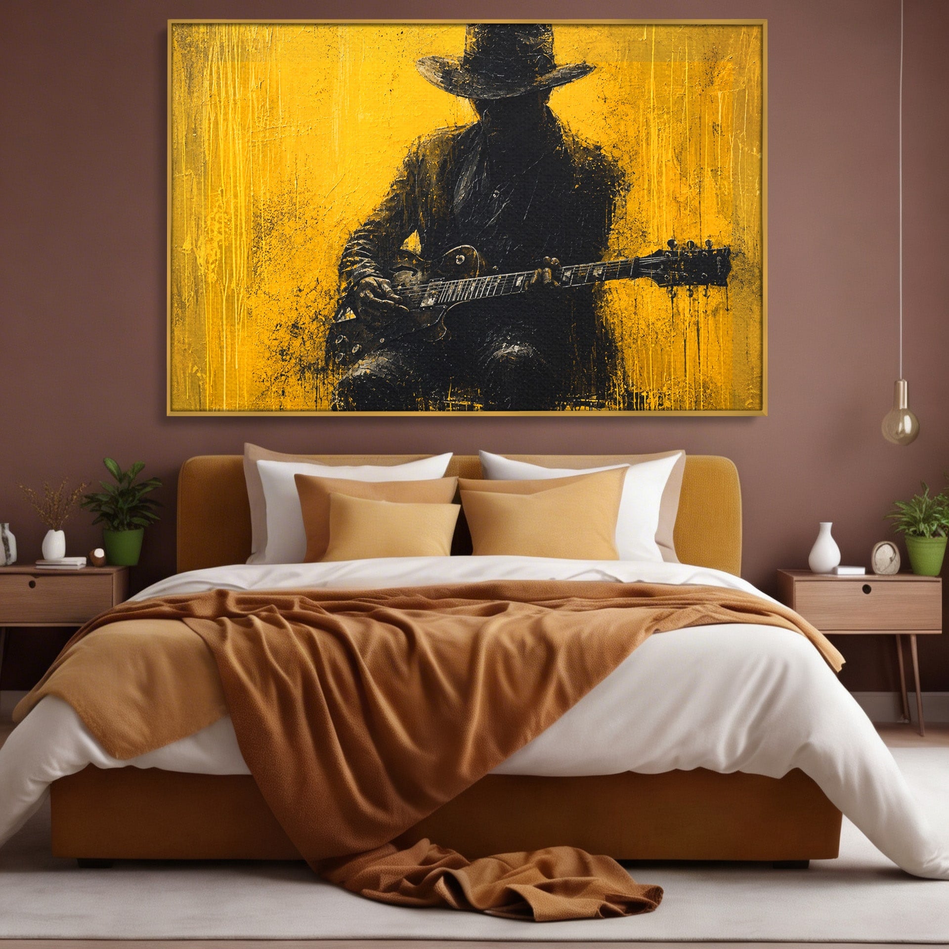 Tablou Canvas Premium LuxCanva® R1047, Chitaristul Misterios, Chitarist, Muzica, Silhouette, Living, Dormitor, Culori Vibrante