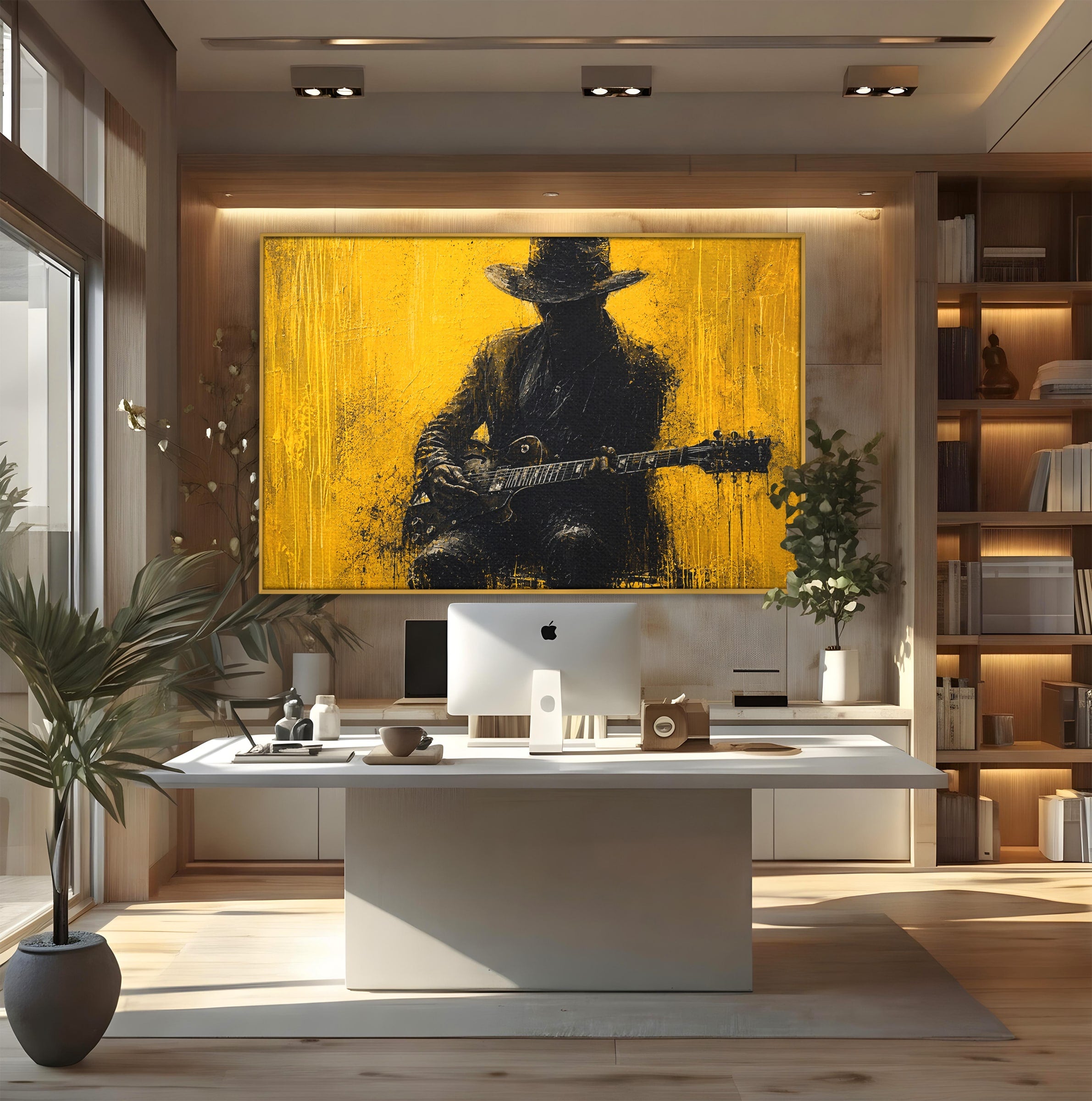 Tablou Canvas Premium LuxCanva® R1047, Chitaristul Misterios, Chitarist, Muzica, Silhouette, Living, Dormitor, Culori Vibrante