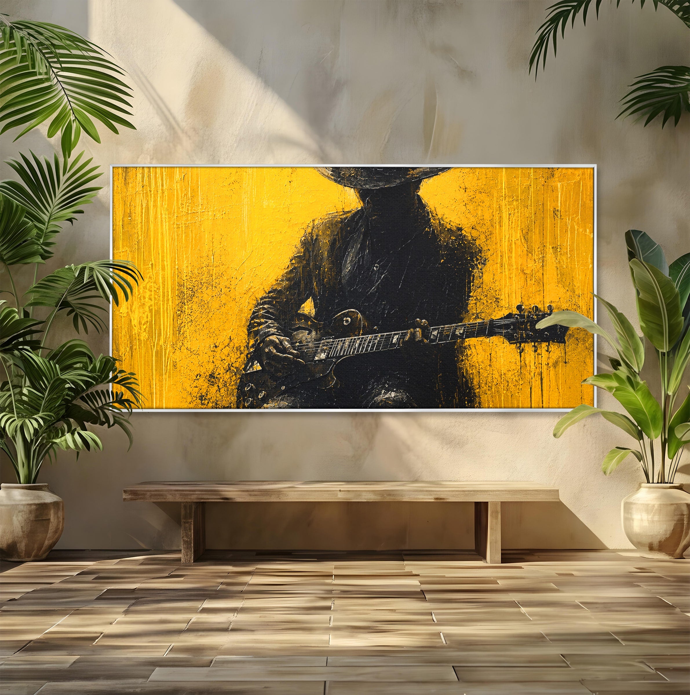 Tablou Canvas Premium LuxCanva® R1047, Chitaristul Misterios, Chitarist, Muzica, Silhouette, Living, Dormitor, Culori Vibrante