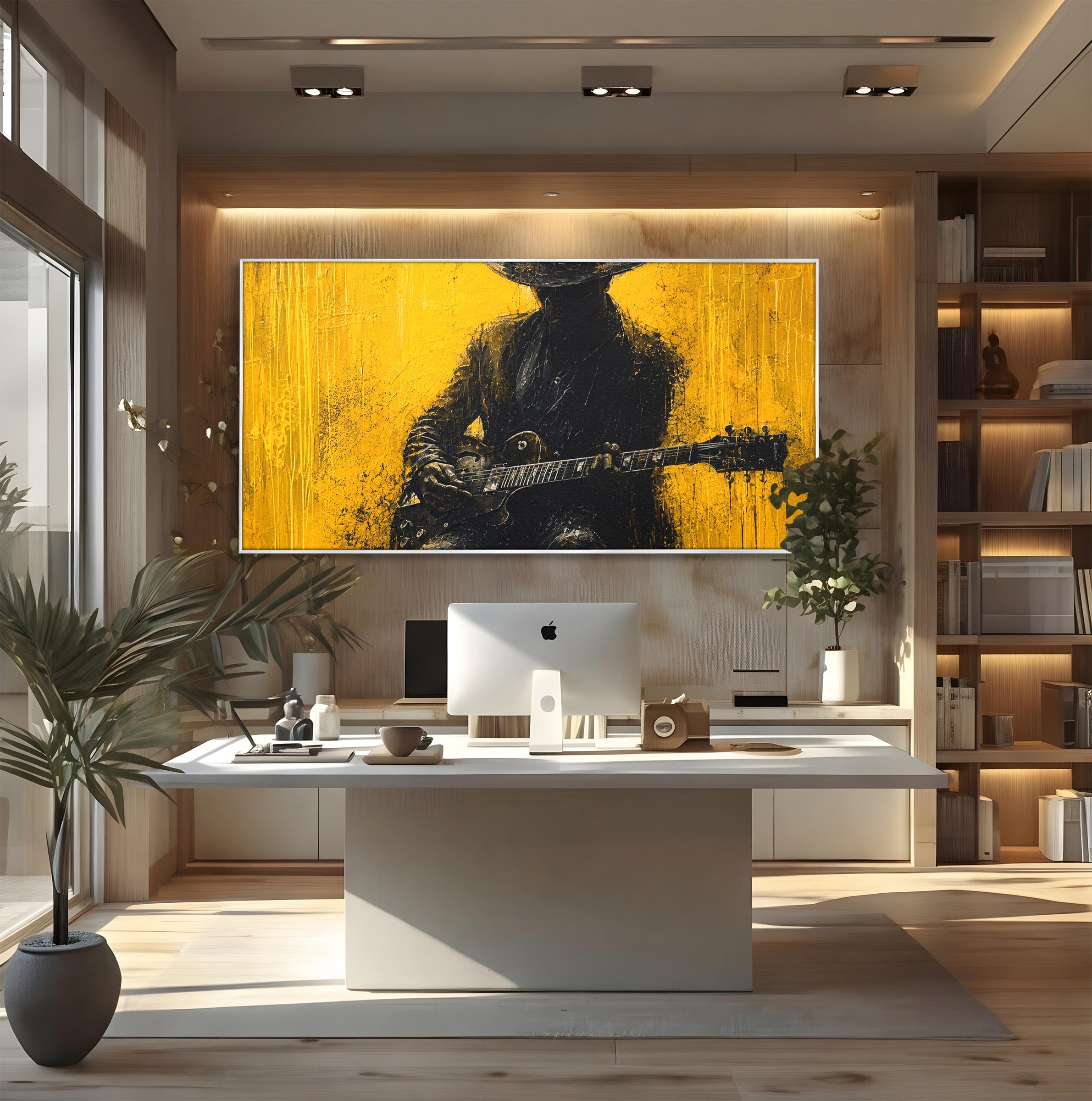 Tablou Canvas Premium LuxCanva® R1047, Chitaristul Misterios, Chitarist, Muzica, Silhouette, Living, Dormitor, Culori Vibrante