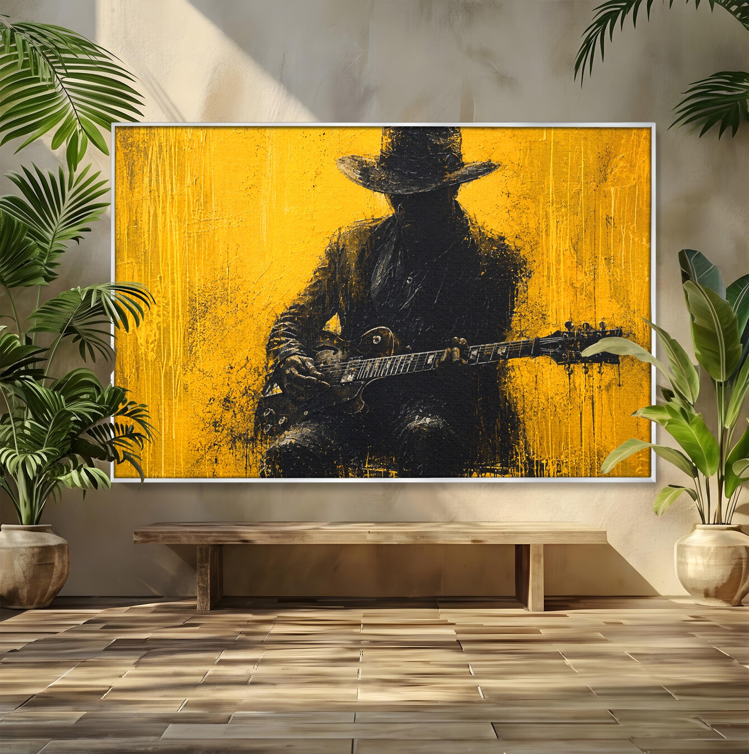 Tablou Canvas Premium LuxCanva® R1047, Chitaristul Misterios, Chitarist, Muzica, Silhouette, Living, Dormitor, Culori Vibrante